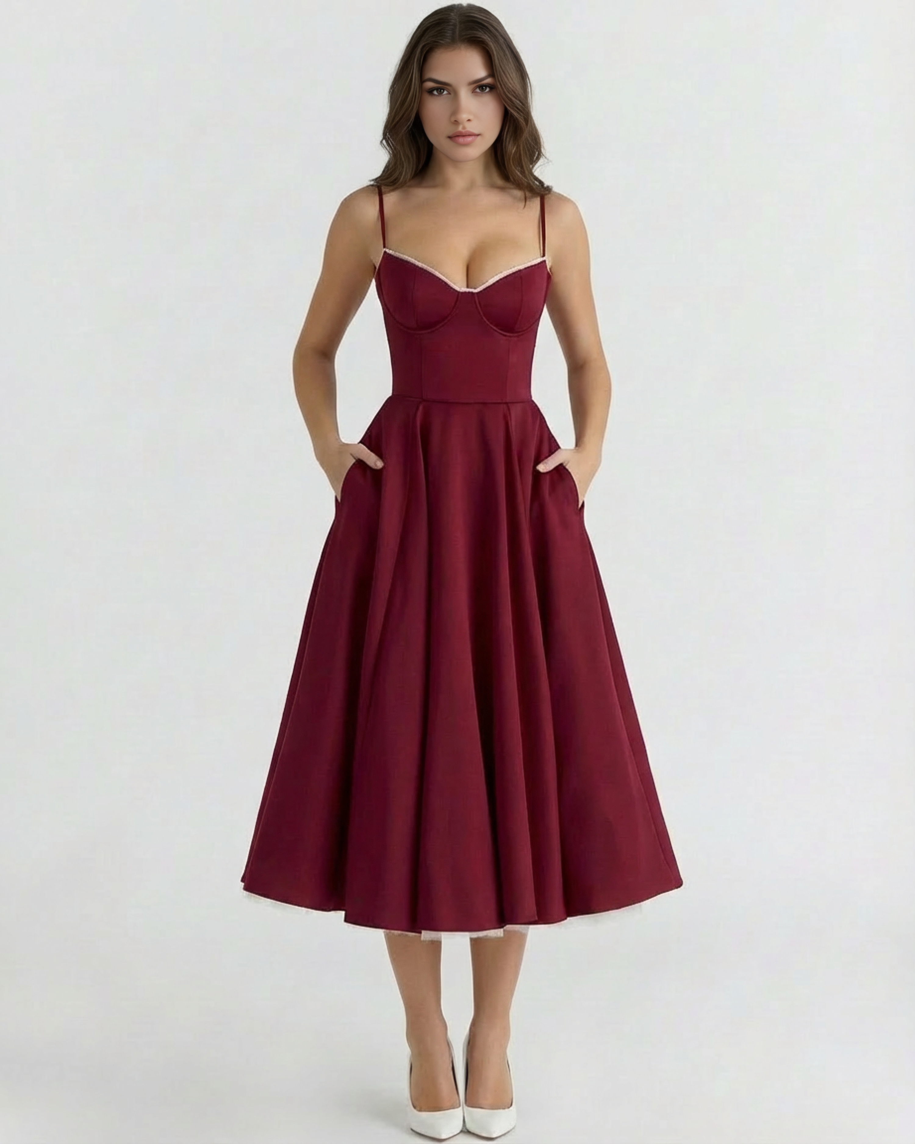 Selene Satin Mesh Midi Wedding Guest Dress - Blush