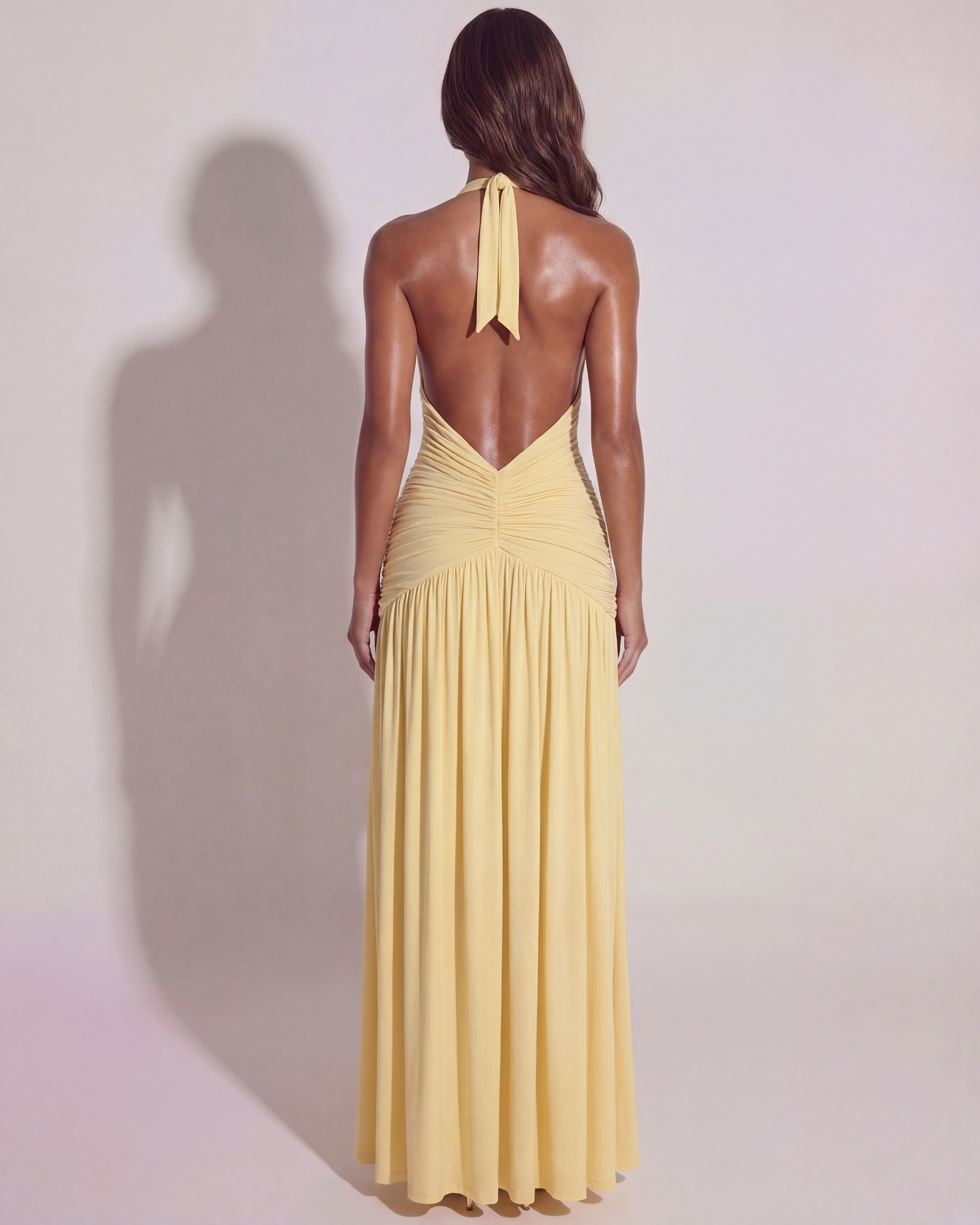 Alba Ruched Halterneck Maxi Evening Dress - Butter Yellow