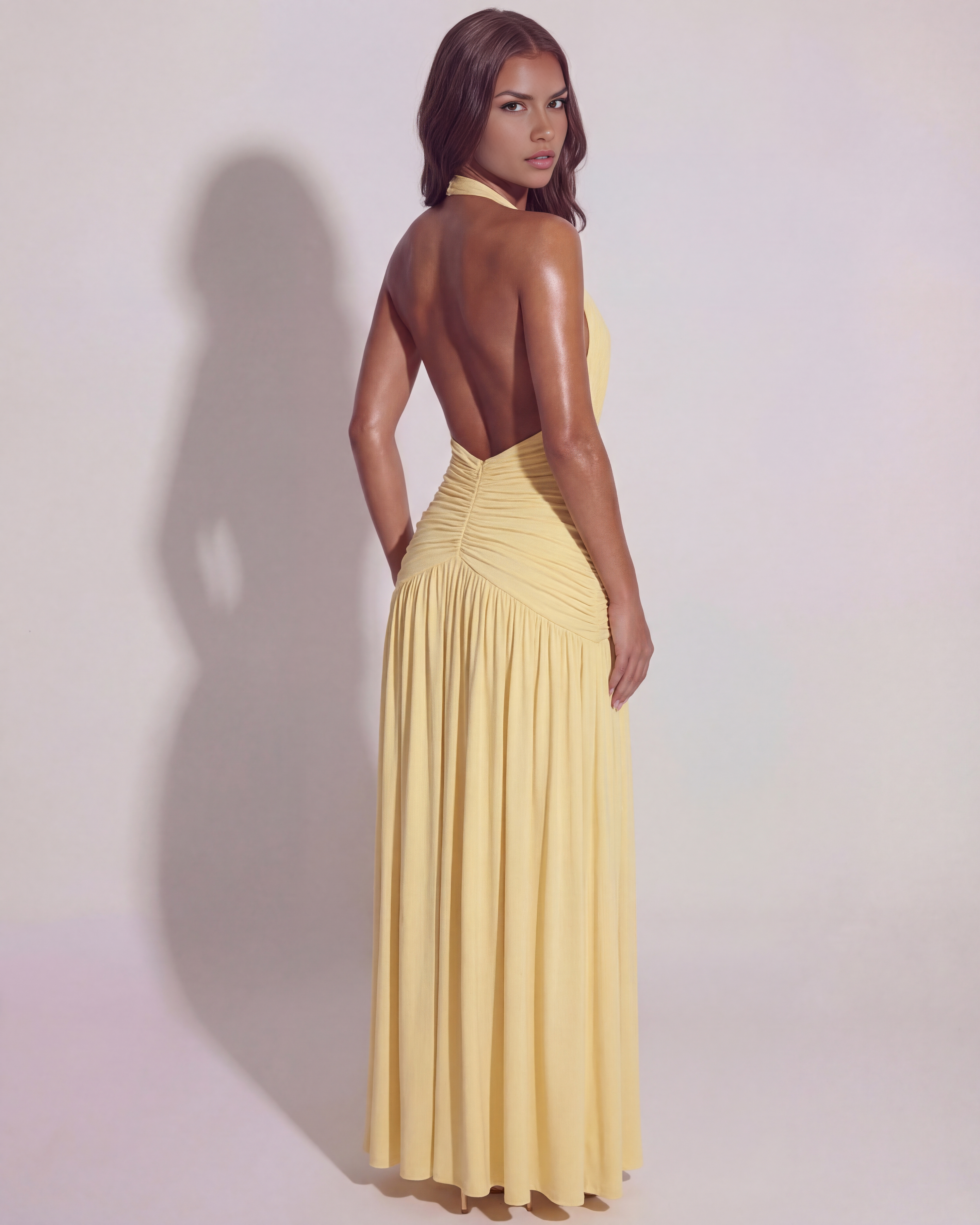 Alba Ruched Halterneck Maxi Evening Dress - Butter Yellow