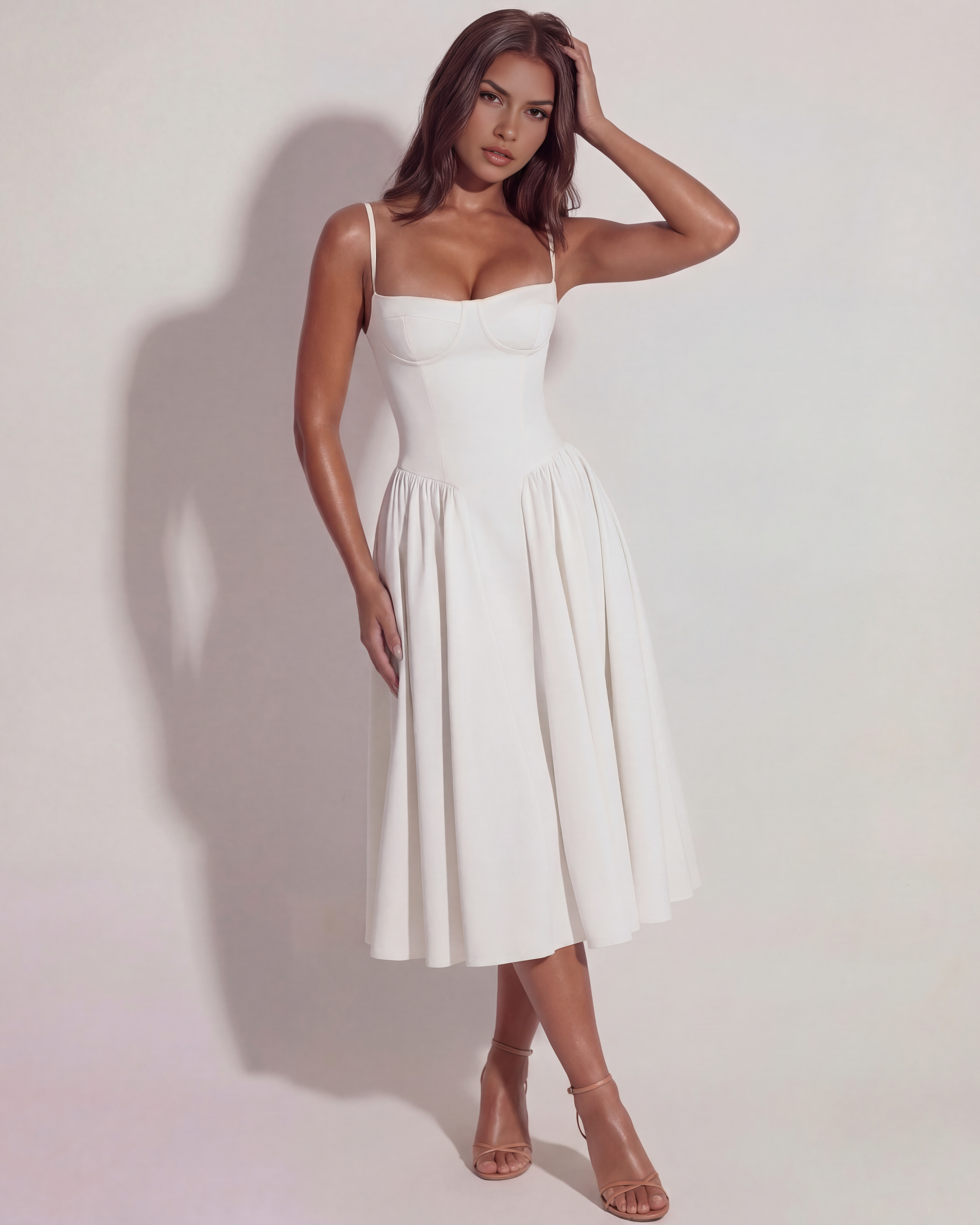 Francesca Ruched Sweetheart Neckline Midi Summer Dress - White