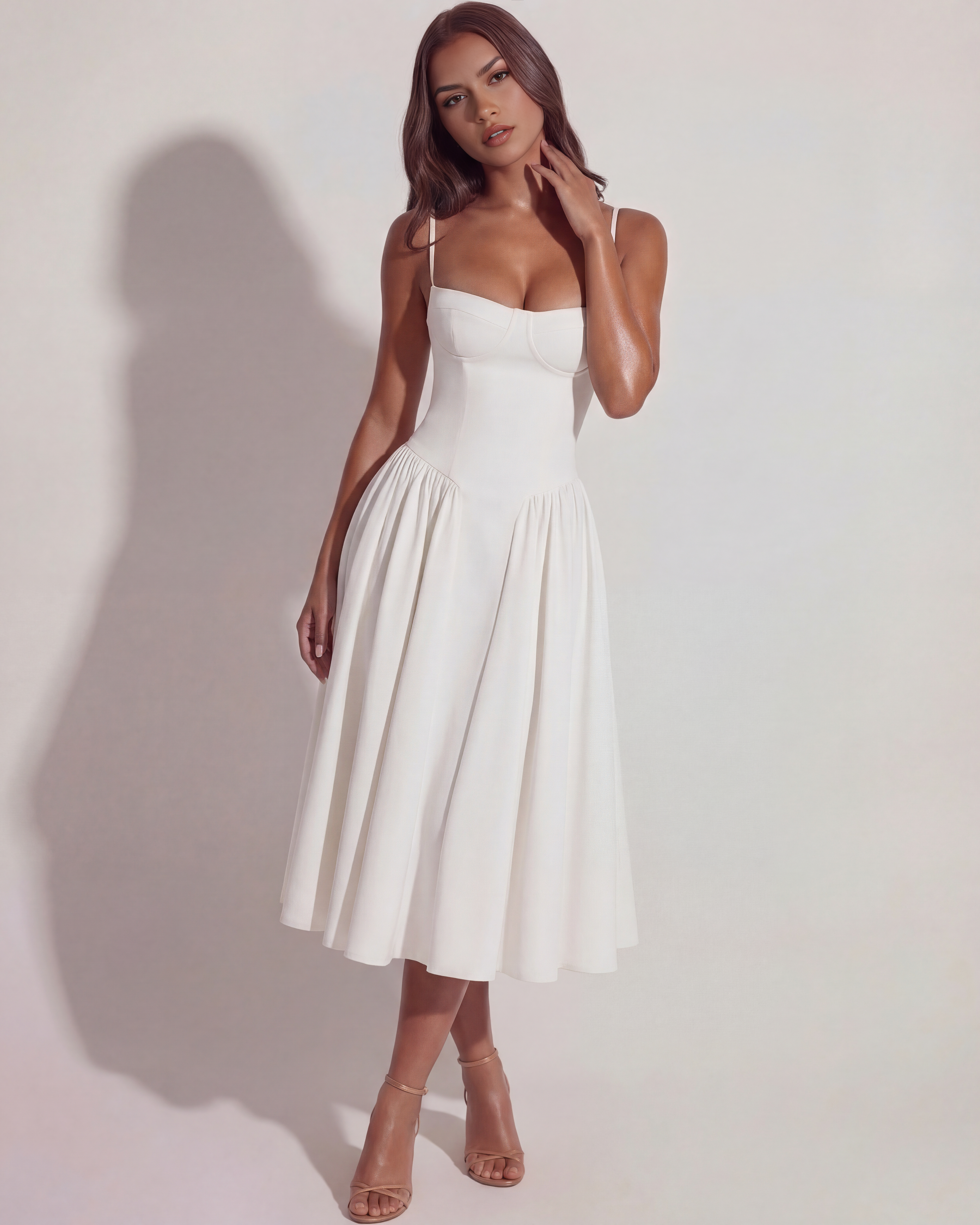 Francesca Ruched Sweetheart Neckline Midi Summer Dress - White