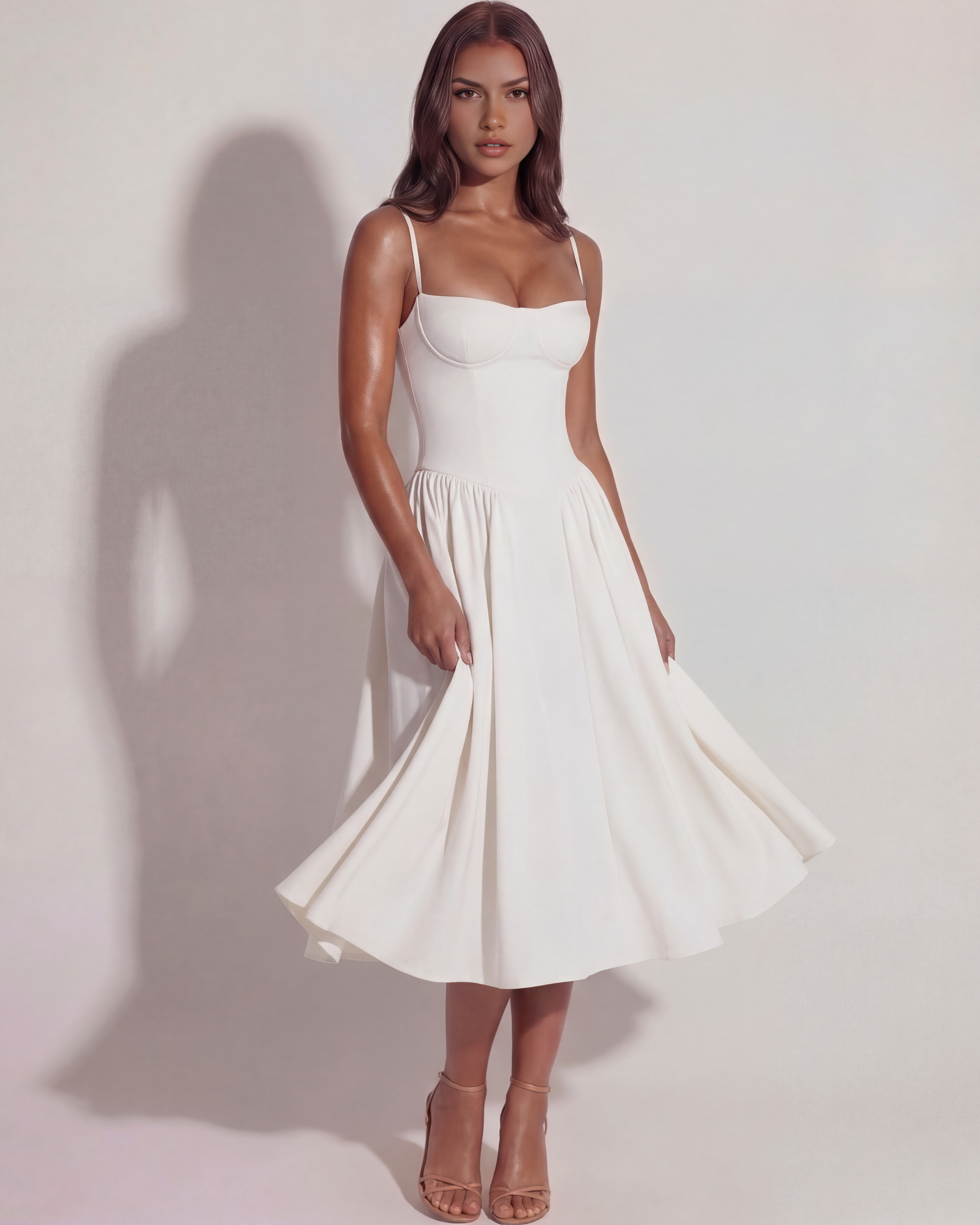 Francesca Ruched Sweetheart Neckline Midi Summer Dress - White