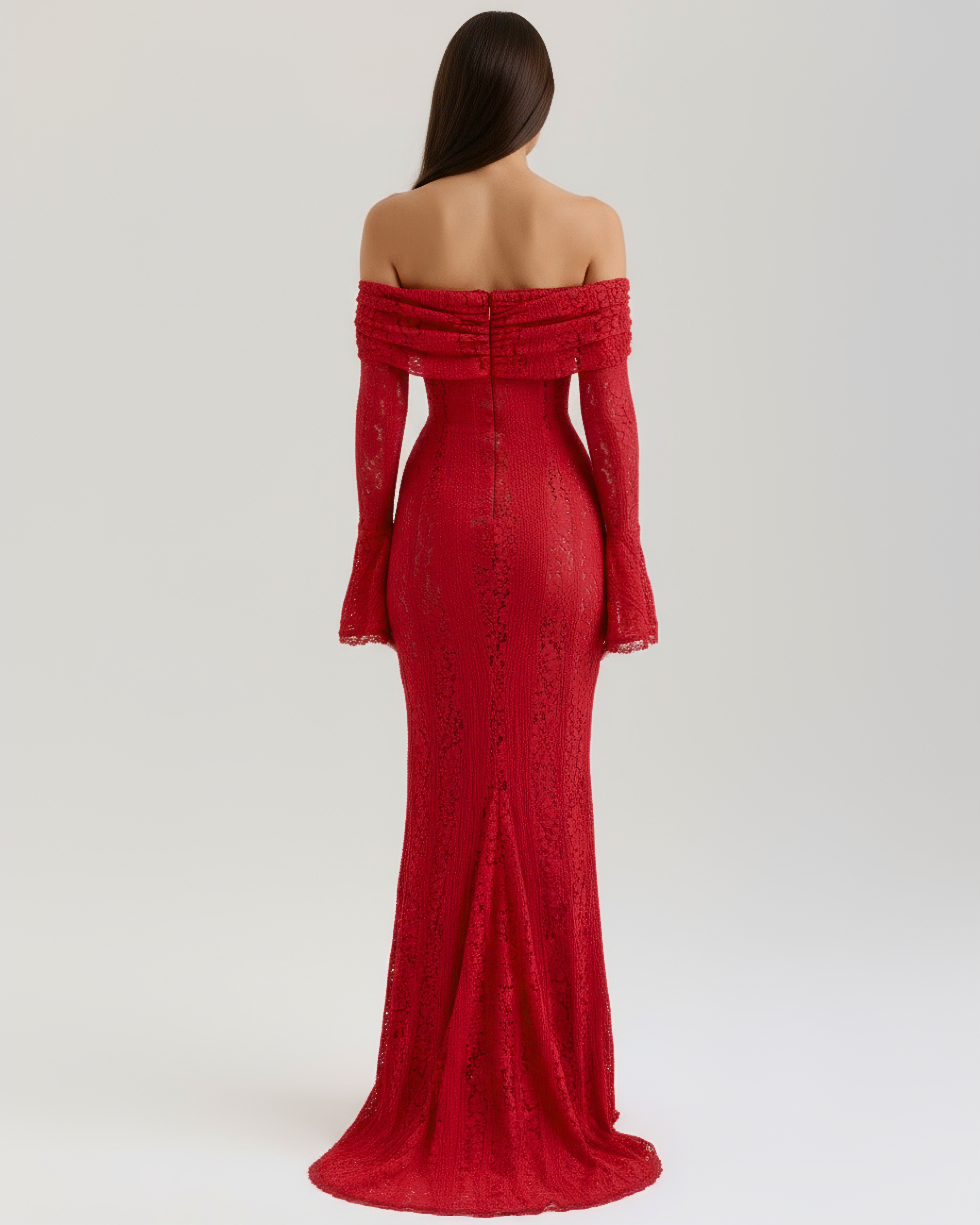 Alessandra Lace Off-Shoulder Maxi Evening Dress - Red