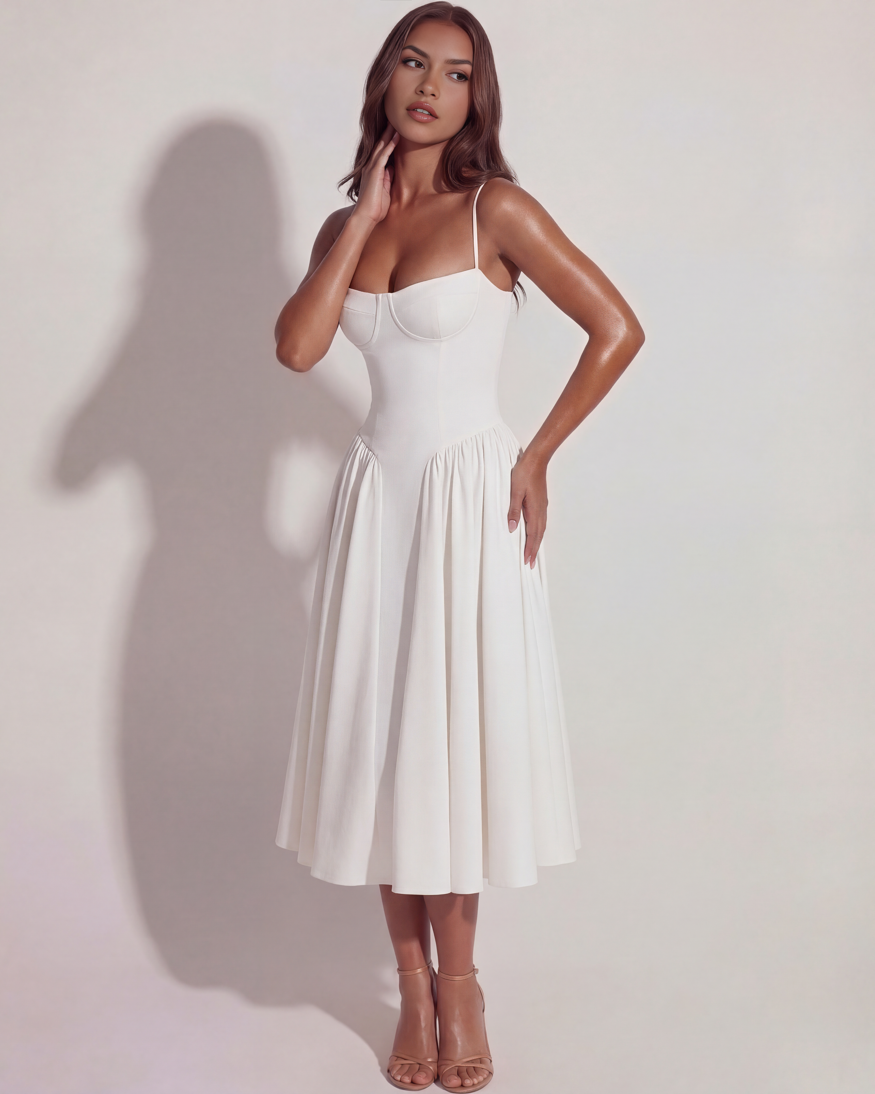 Francesca Ruched Sweetheart Neckline Midi Summer Dress - White