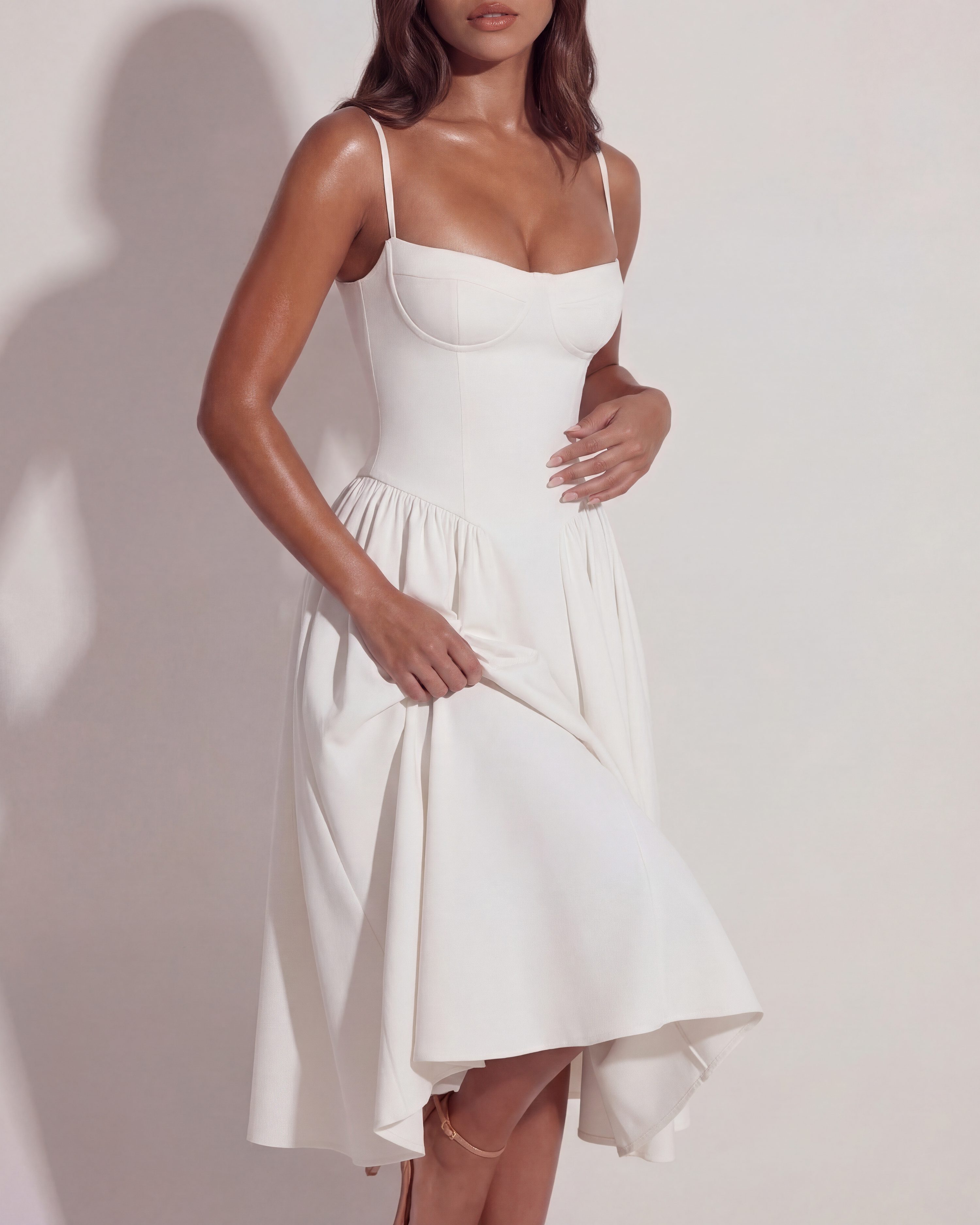 Francesca Ruched Sweetheart Neckline Midi Summer Dress - White