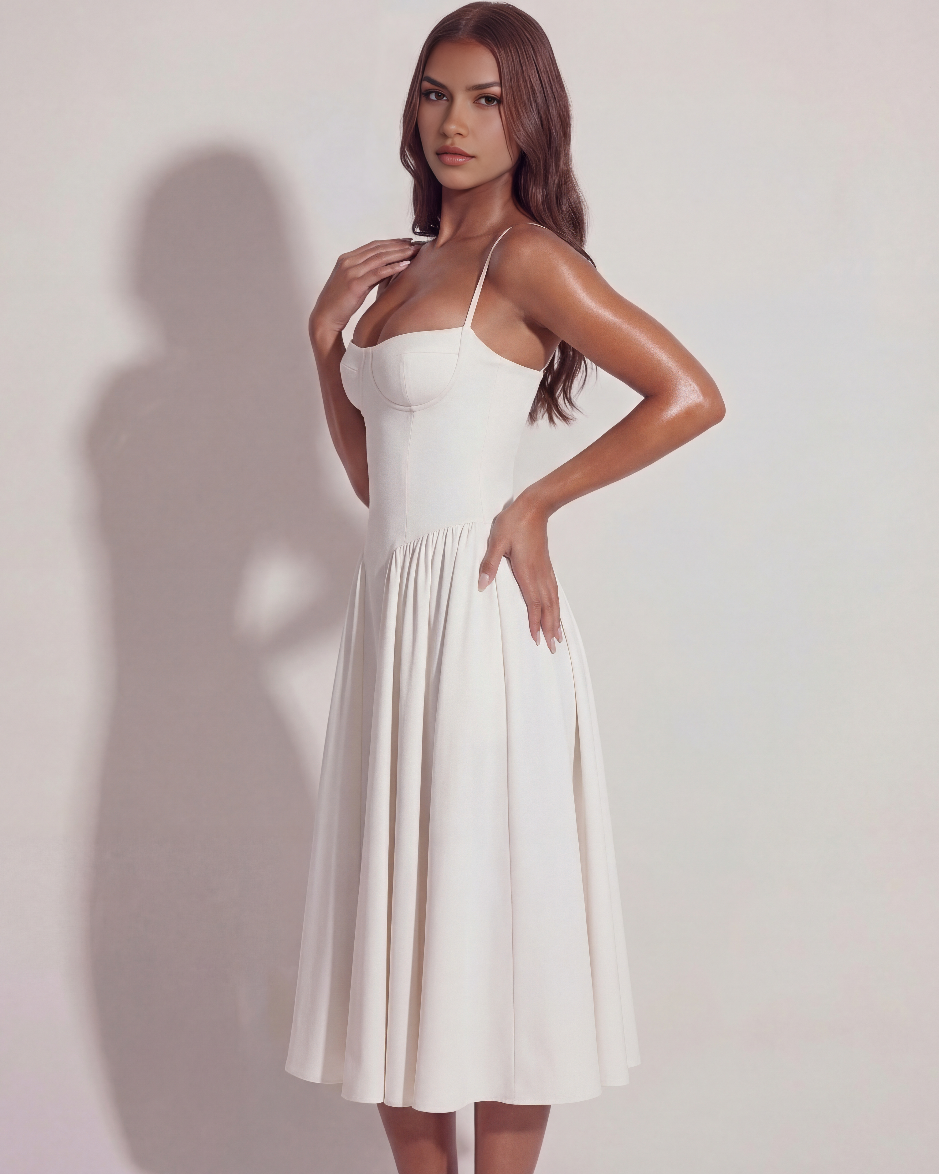 Francesca Ruched Sweetheart Neckline Midi Summer Dress - White