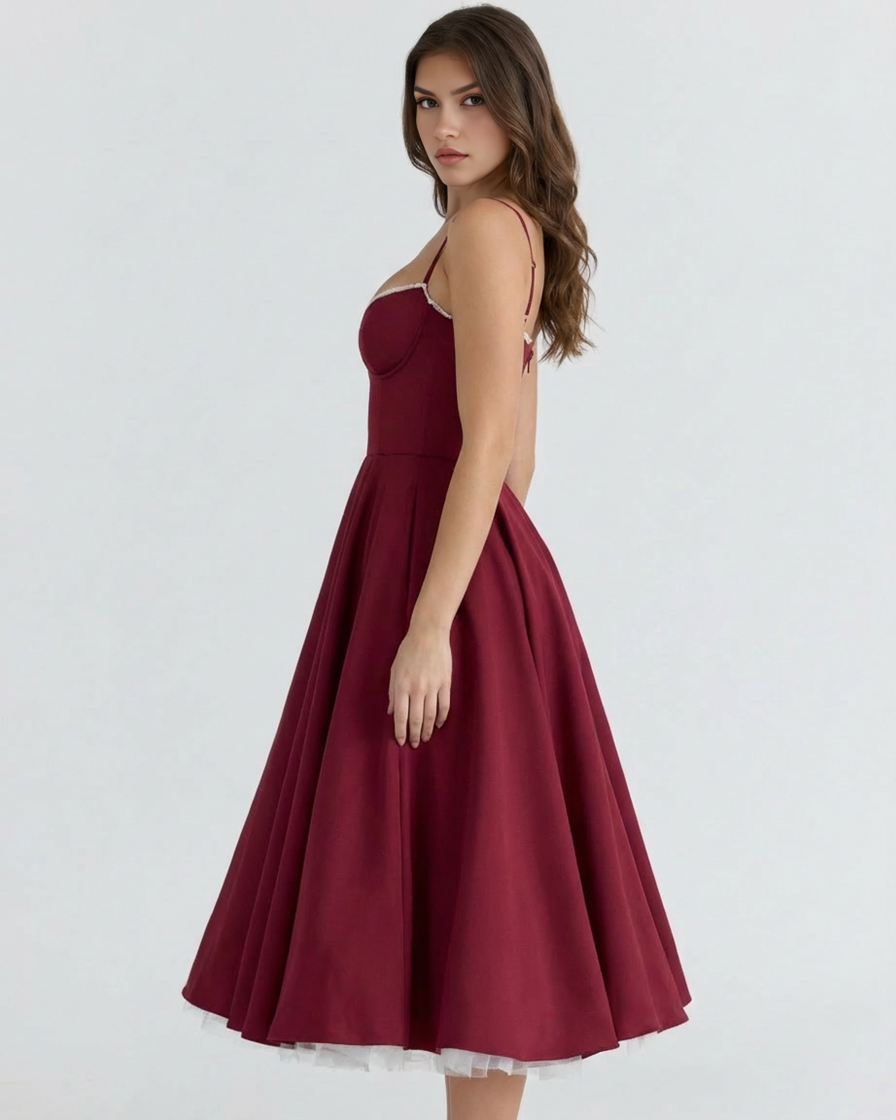 Selene Satin Mesh Midi Wedding Guest Dress - Blush