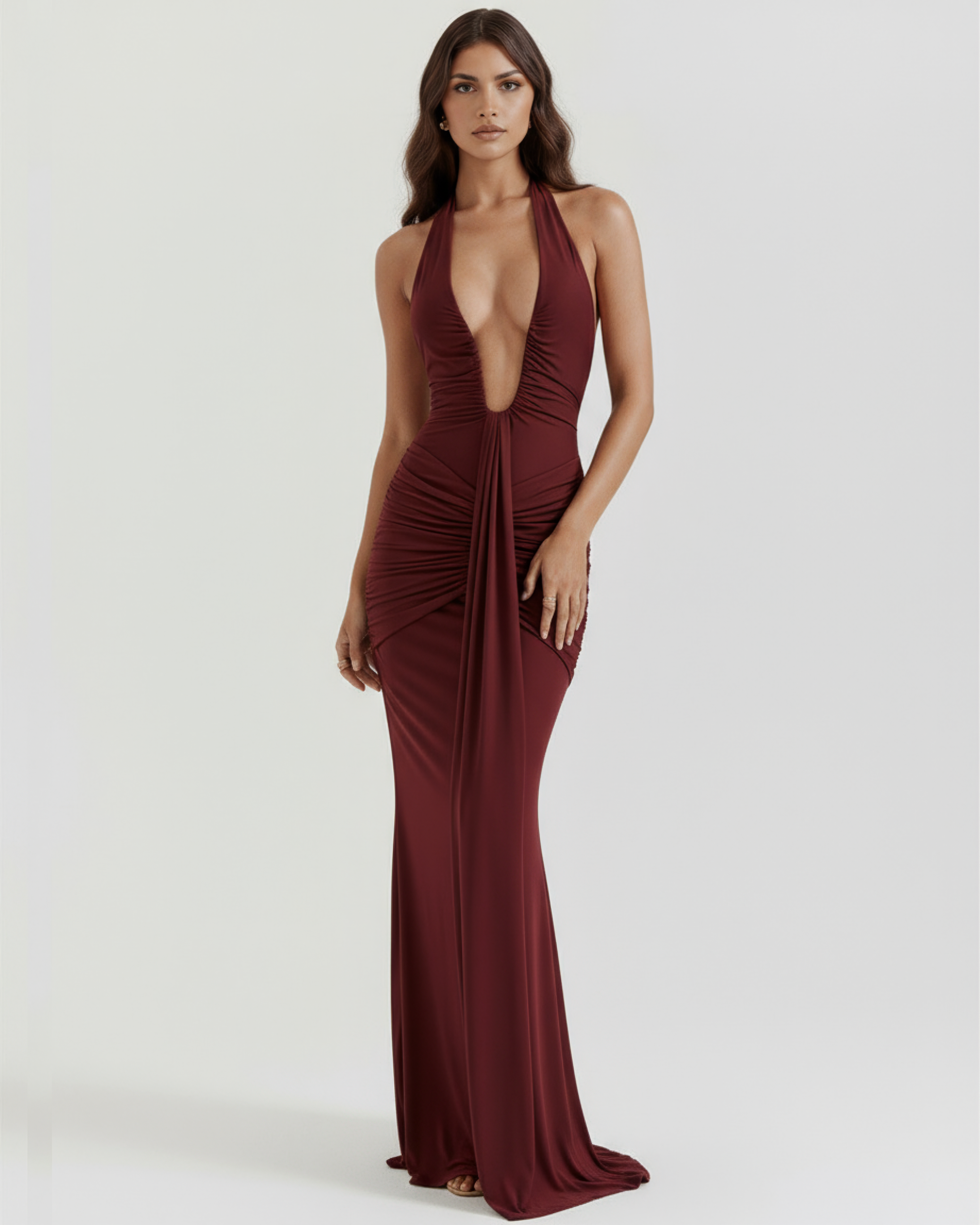 Ariel Ruched Plunging Maxi Evening Dress - Burgundy