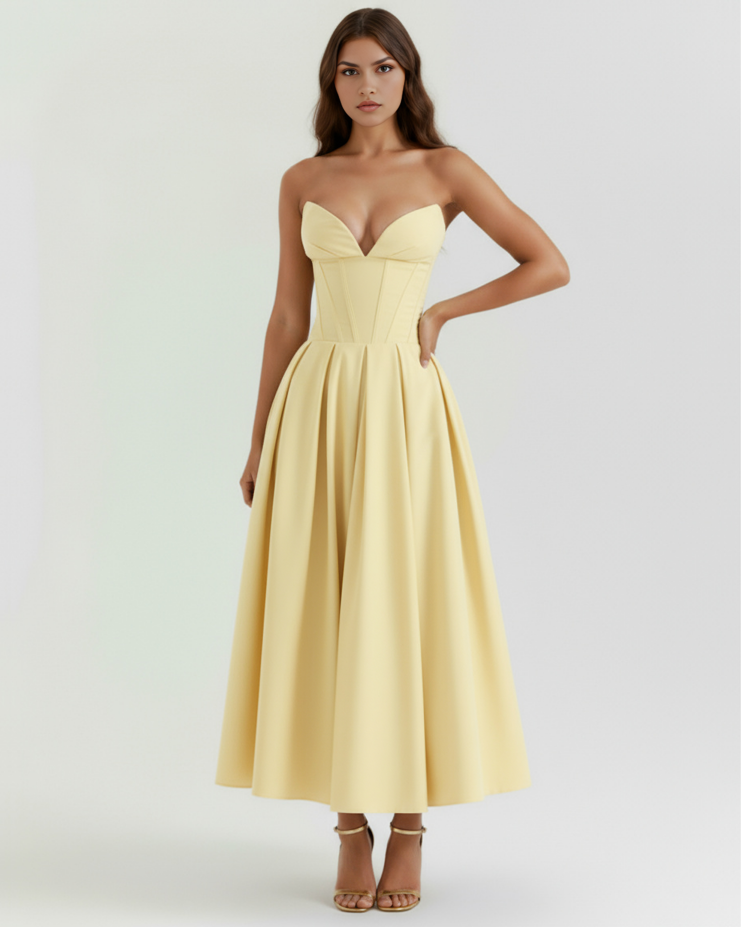 Amalfi Strapless Pleated Midi Wedding Guest Dress - Ivory