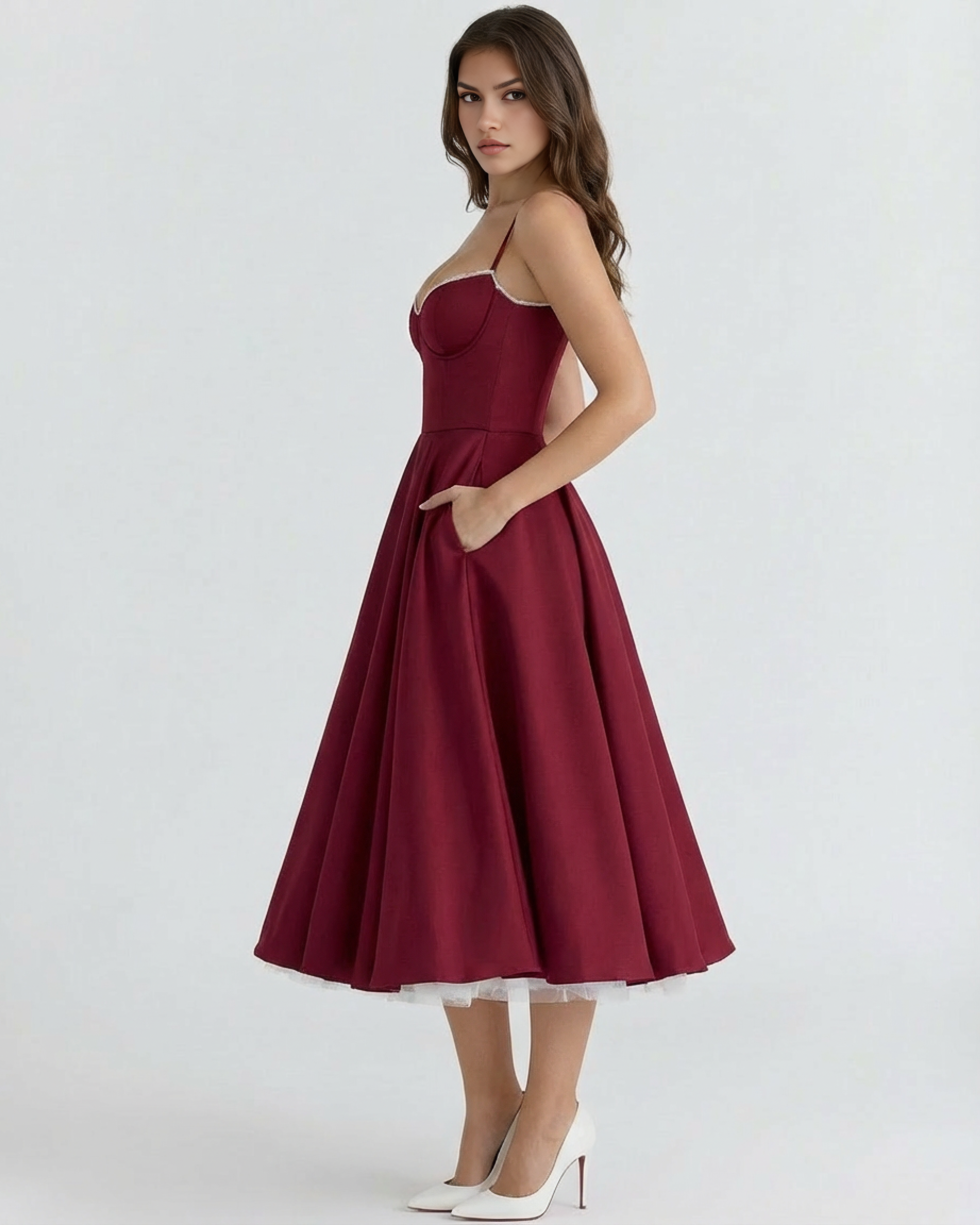 Selene Satin Mesh Midi Wedding Guest Dress - Blush