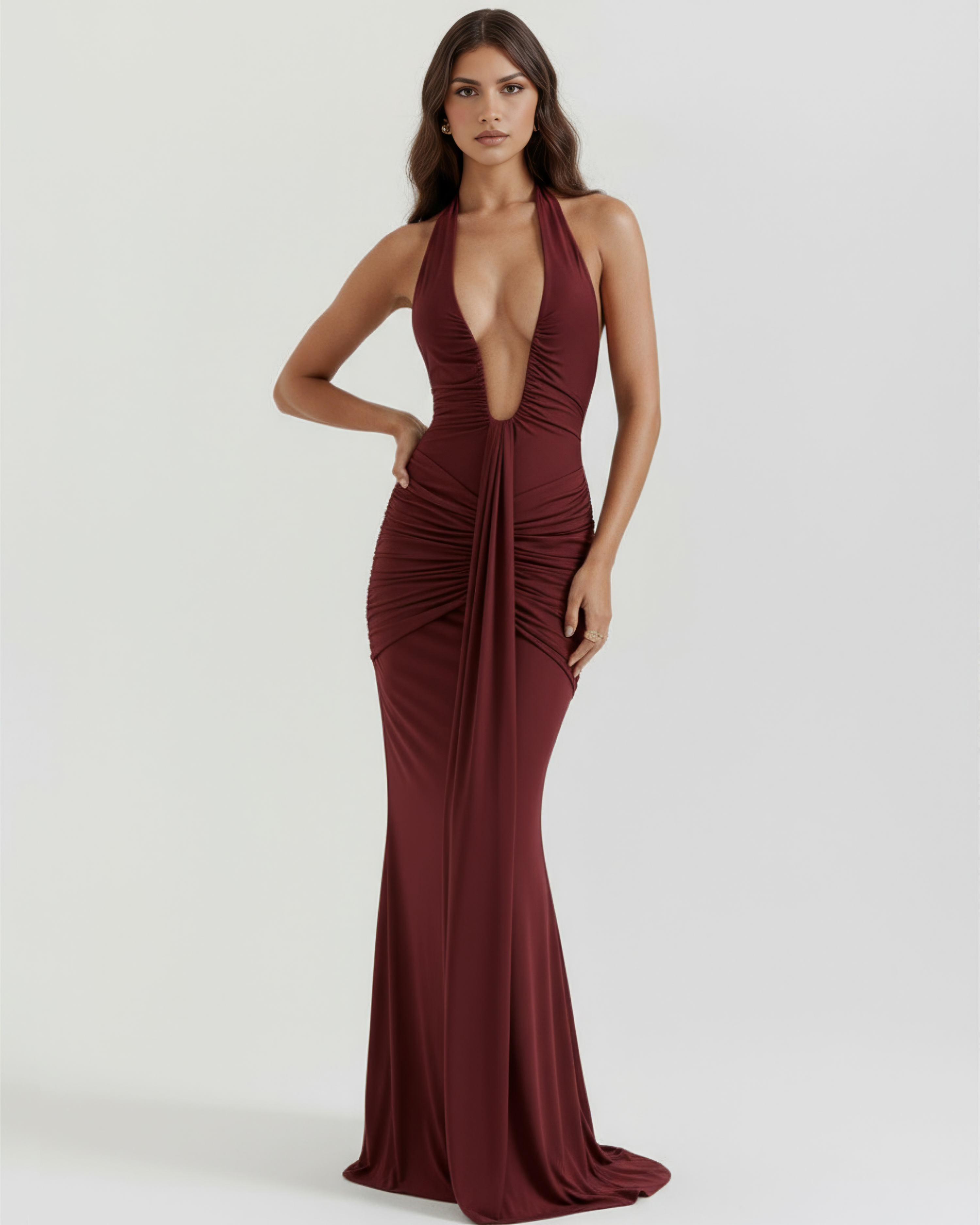 Ariel Ruched Plunging Maxi Evening Dress - Burgundy