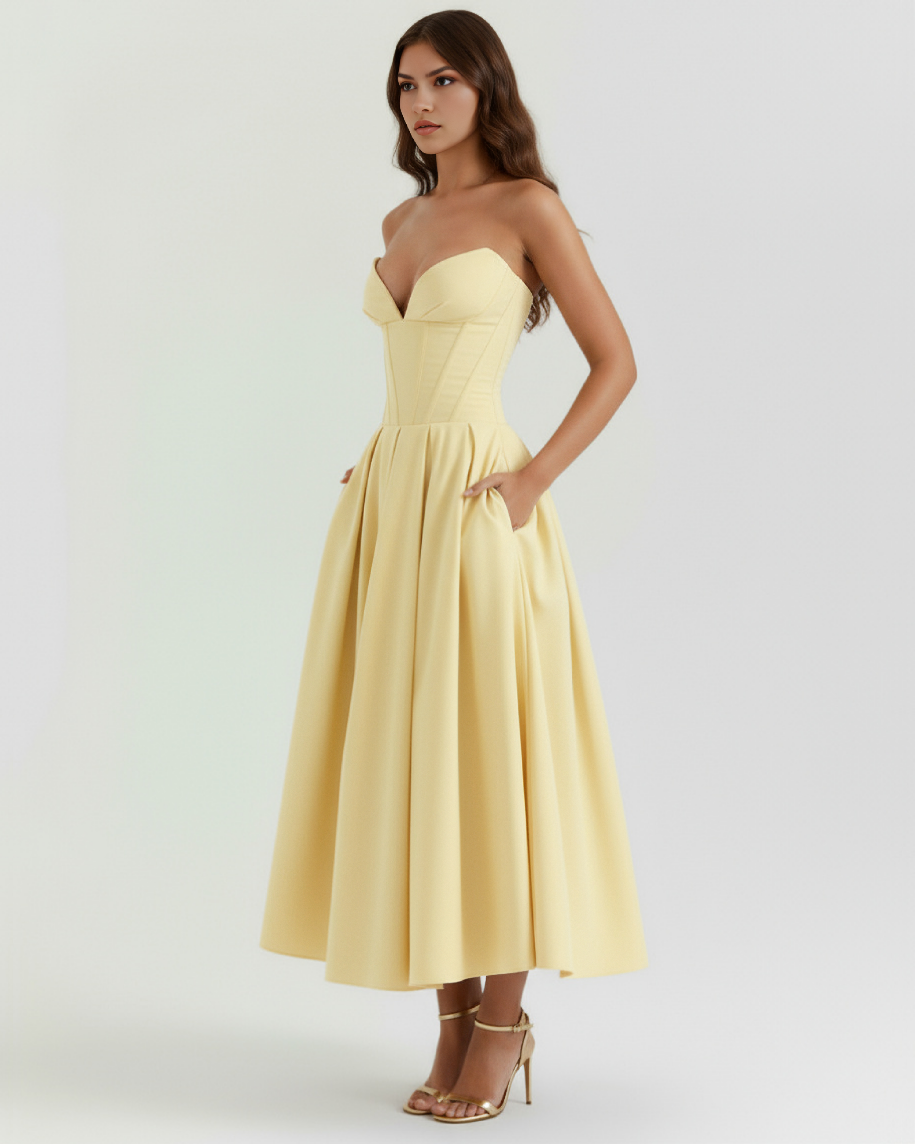 Amalfi Strapless Pleated Midi Wedding Guest Dress - Ivory