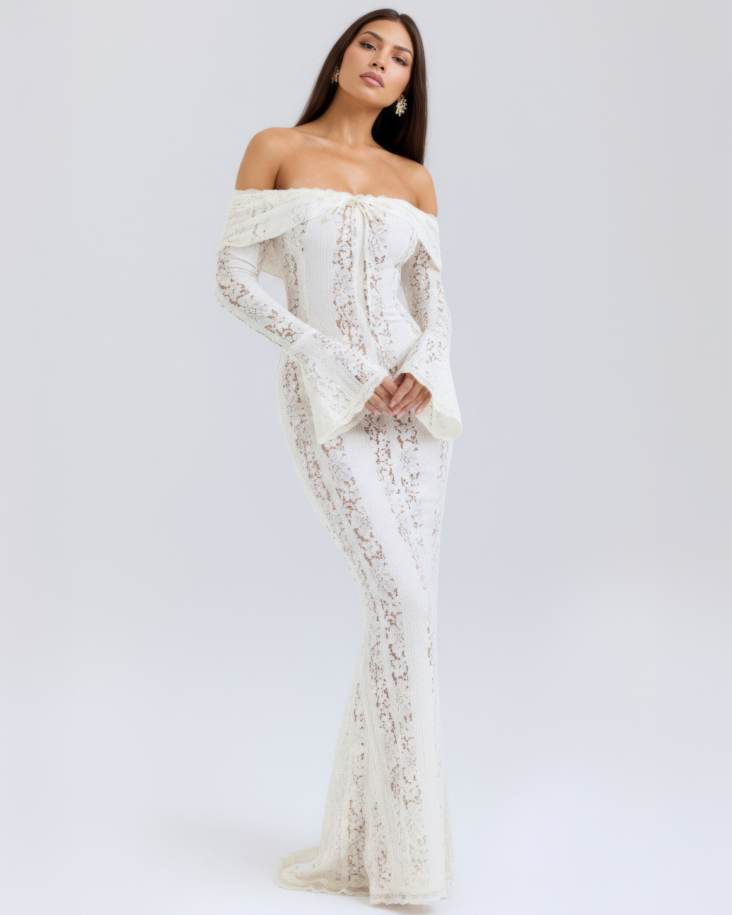 Alessandra Lace Off-Shoulder Maxi Evening Dress - Cream