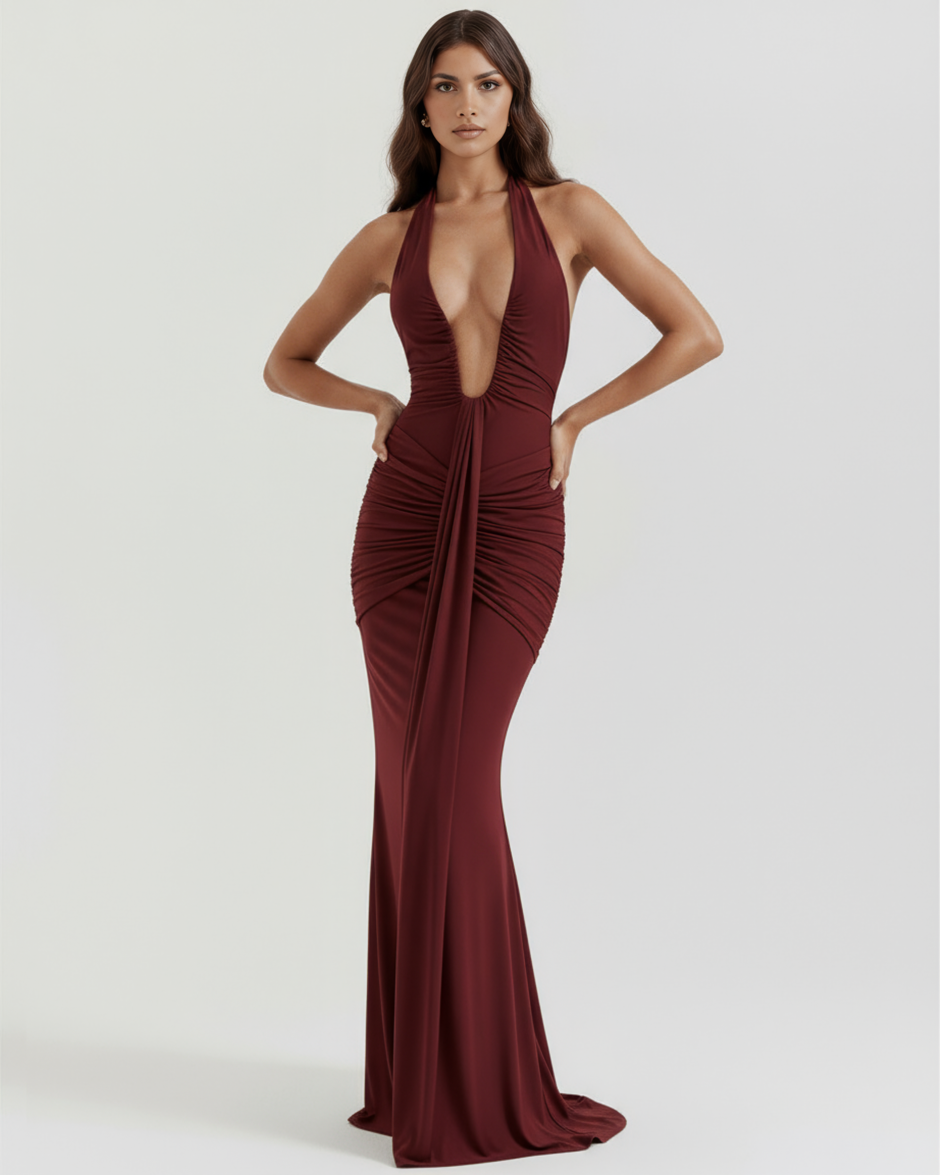 Ariel Ruched Plunging Maxi Evening Dress - Burgundy