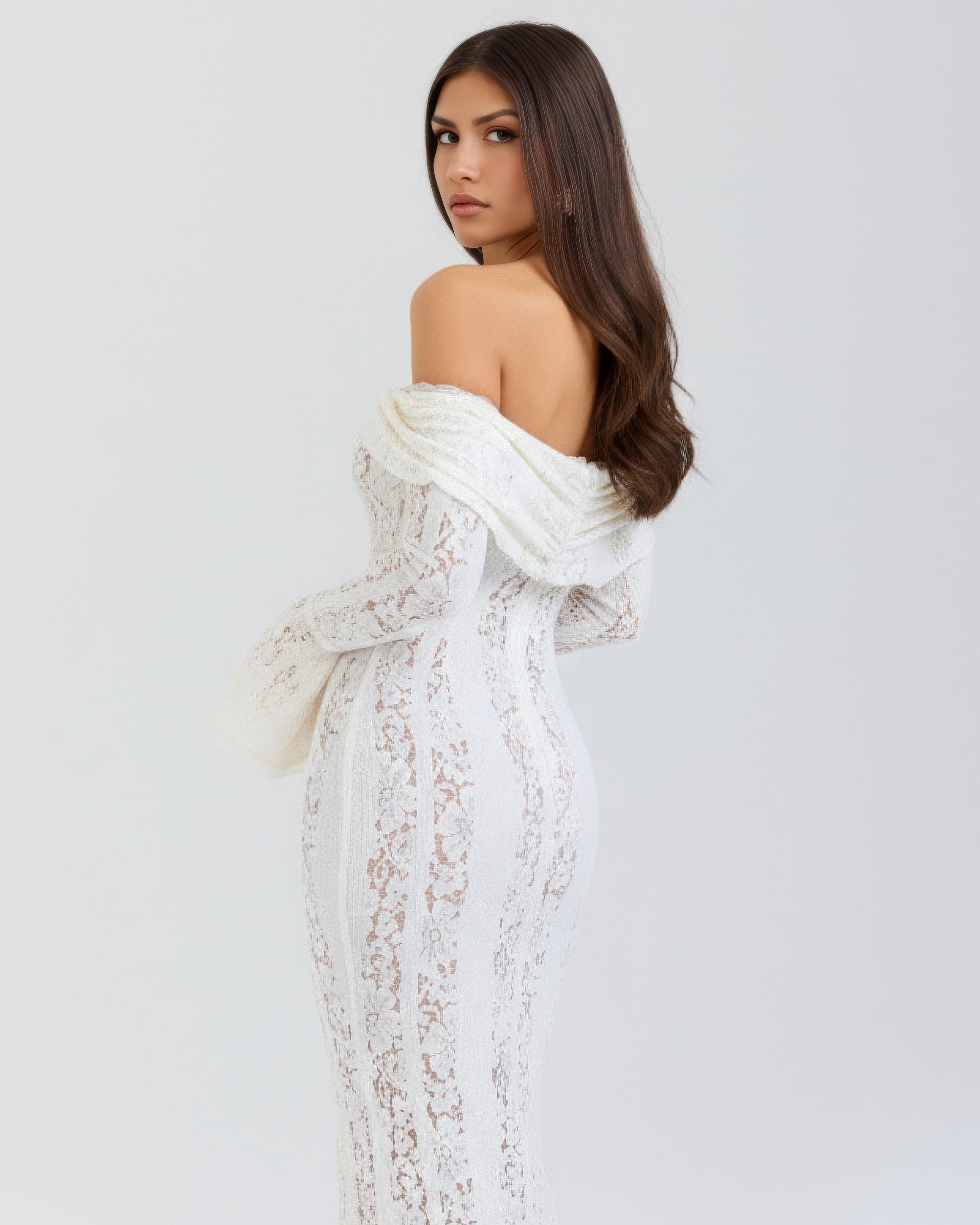 Alessandra Lace Off-Shoulder Maxi Evening Dress - Cream