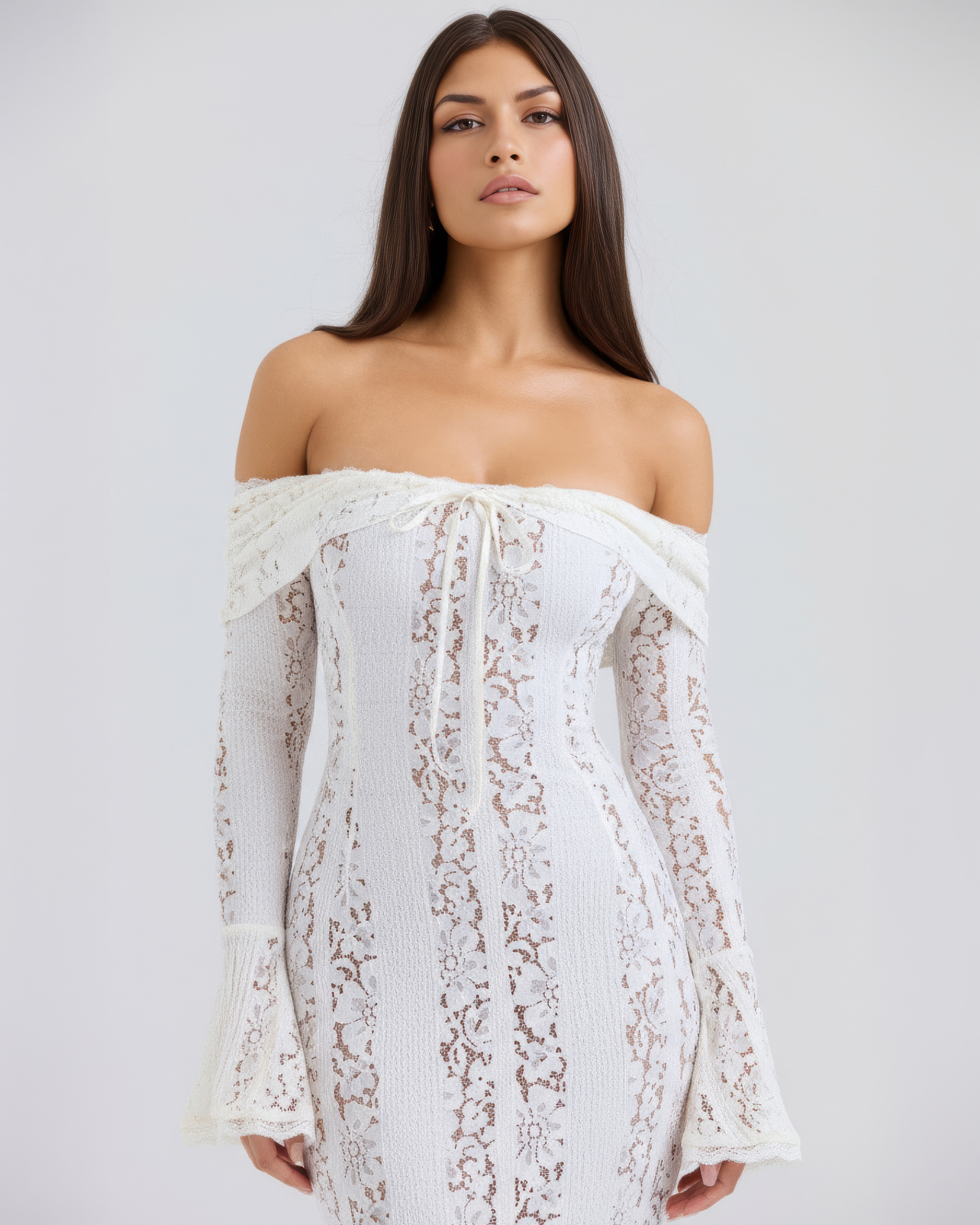 Alessandra Lace Off-Shoulder Maxi Evening Dress - Cream