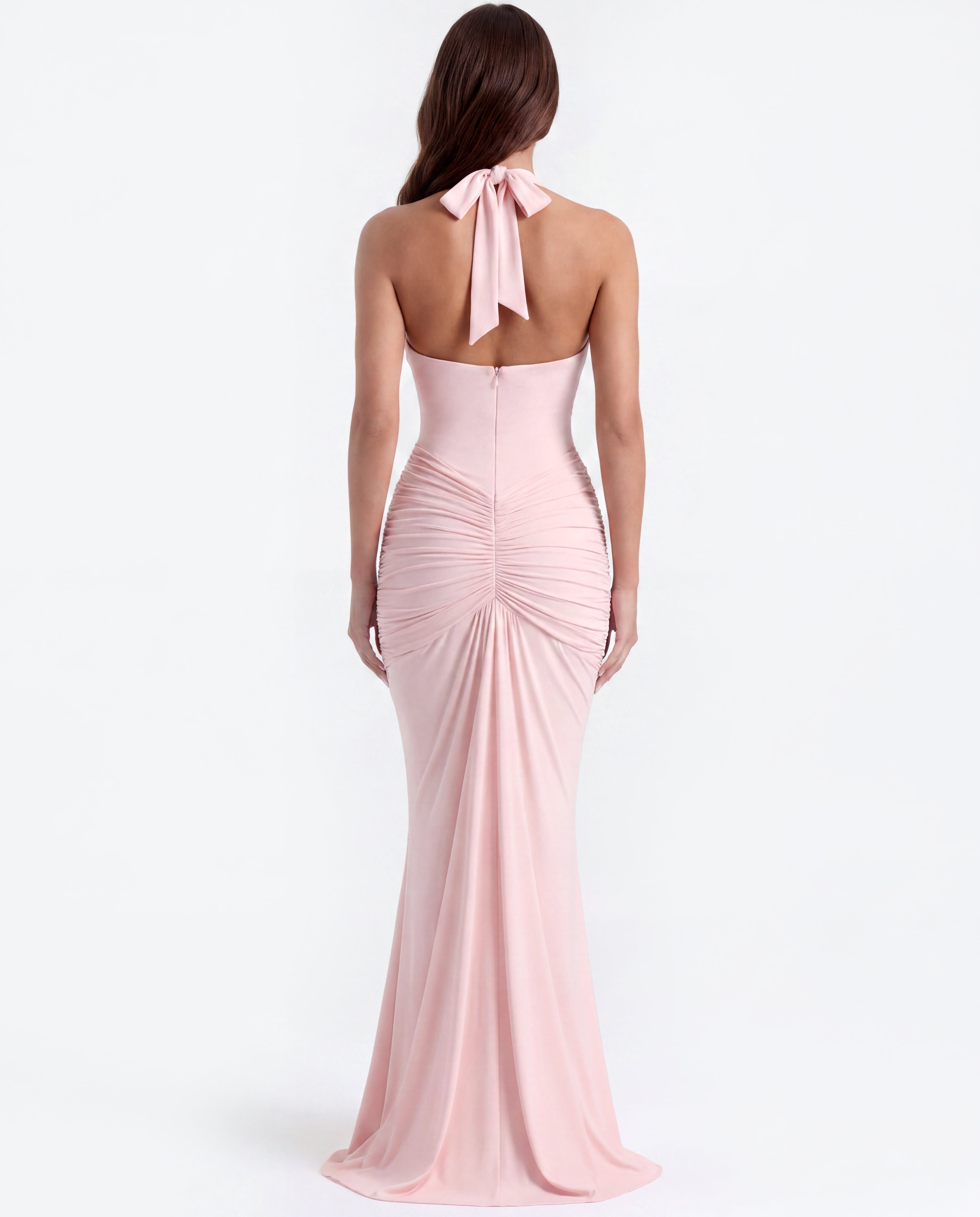 Ariel Ruched Halter Maxi Evening Dress - Pink