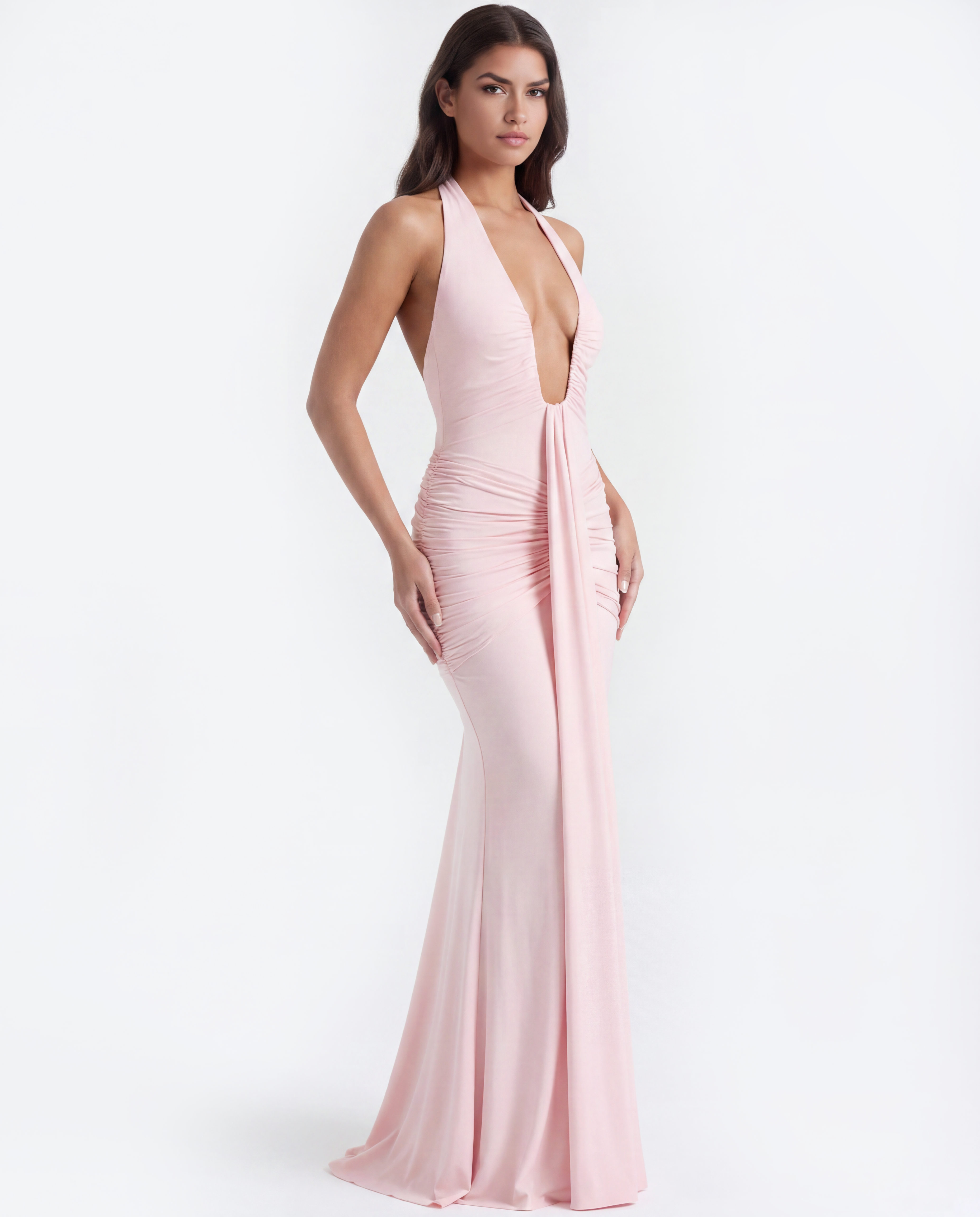 Ariel Ruched Halter Maxi Evening Dress - Pink
