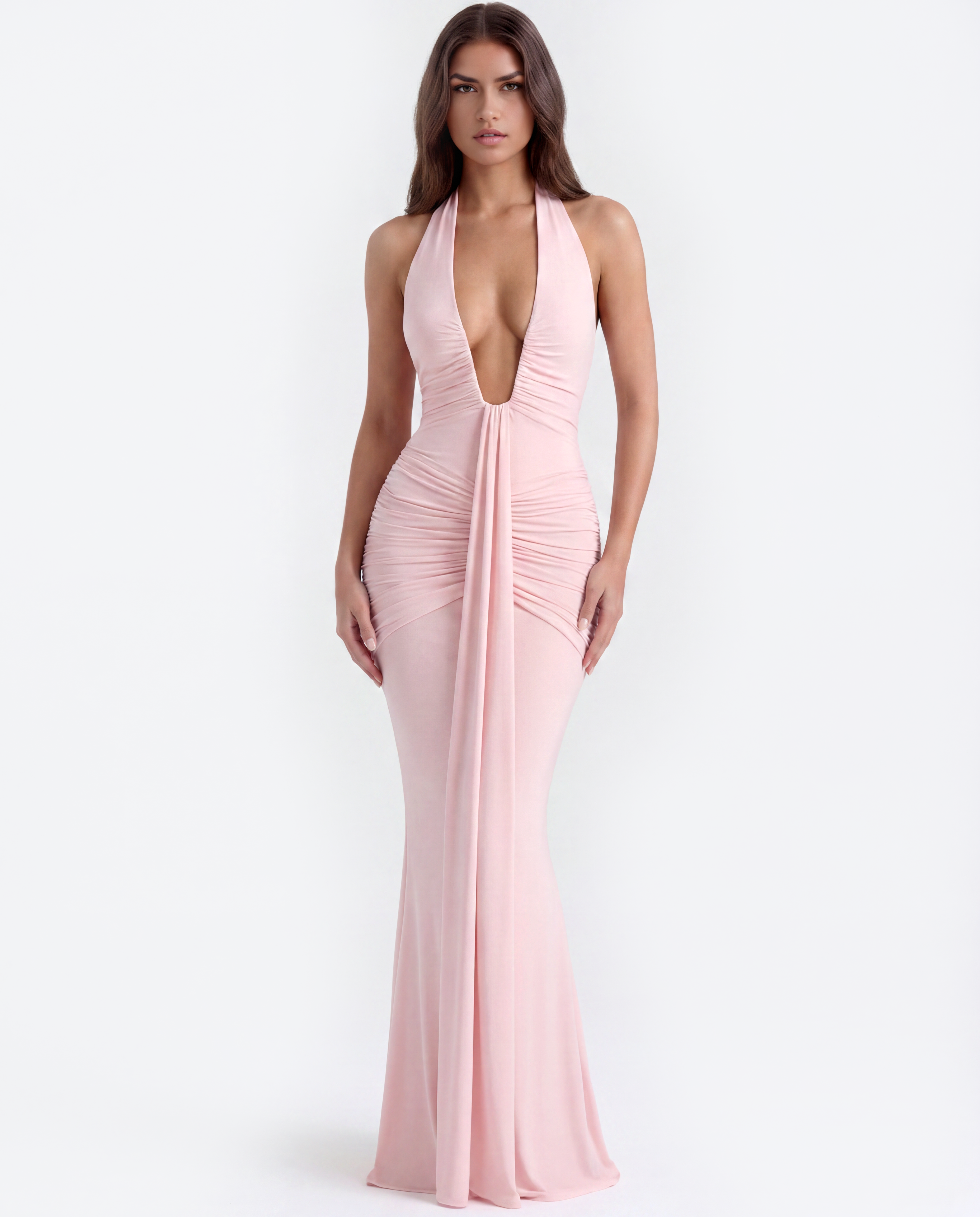 Ariel Ruched Halter Maxi Evening Dress - Pink