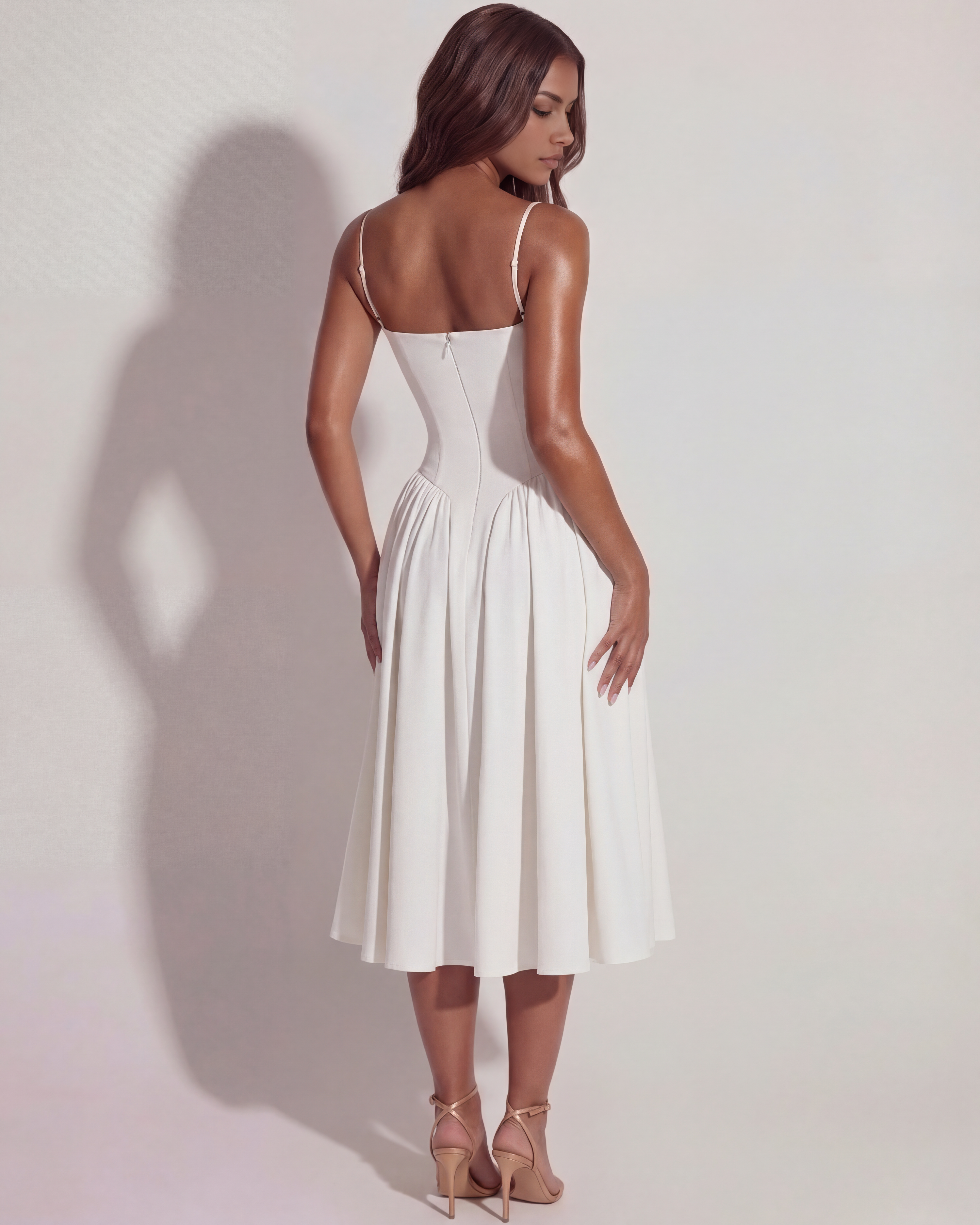 Francesca Ruched Sweetheart Neckline Midi Summer Dress - White