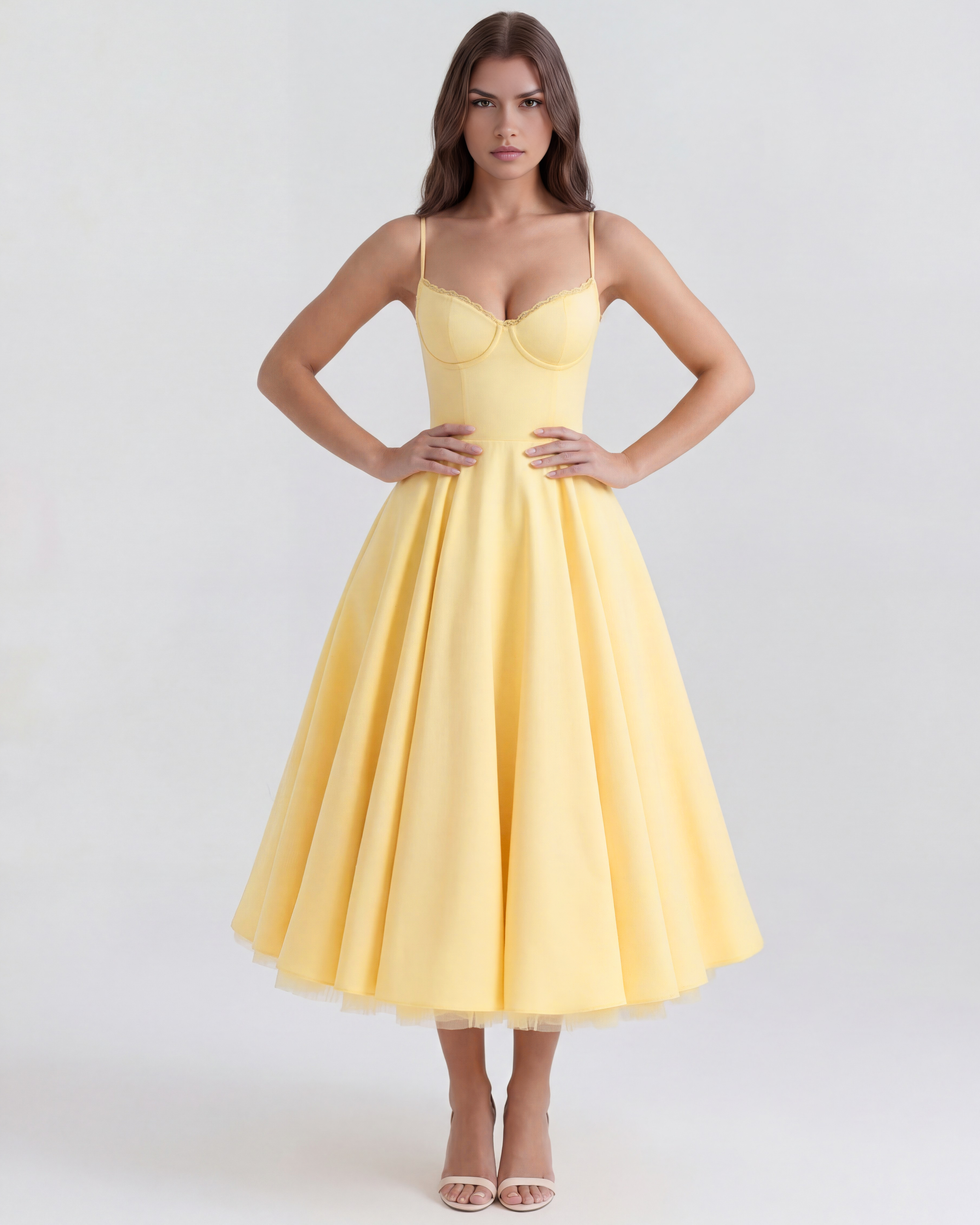 Selene Satin Mesh Midi Wedding Guest Dress - Ivory