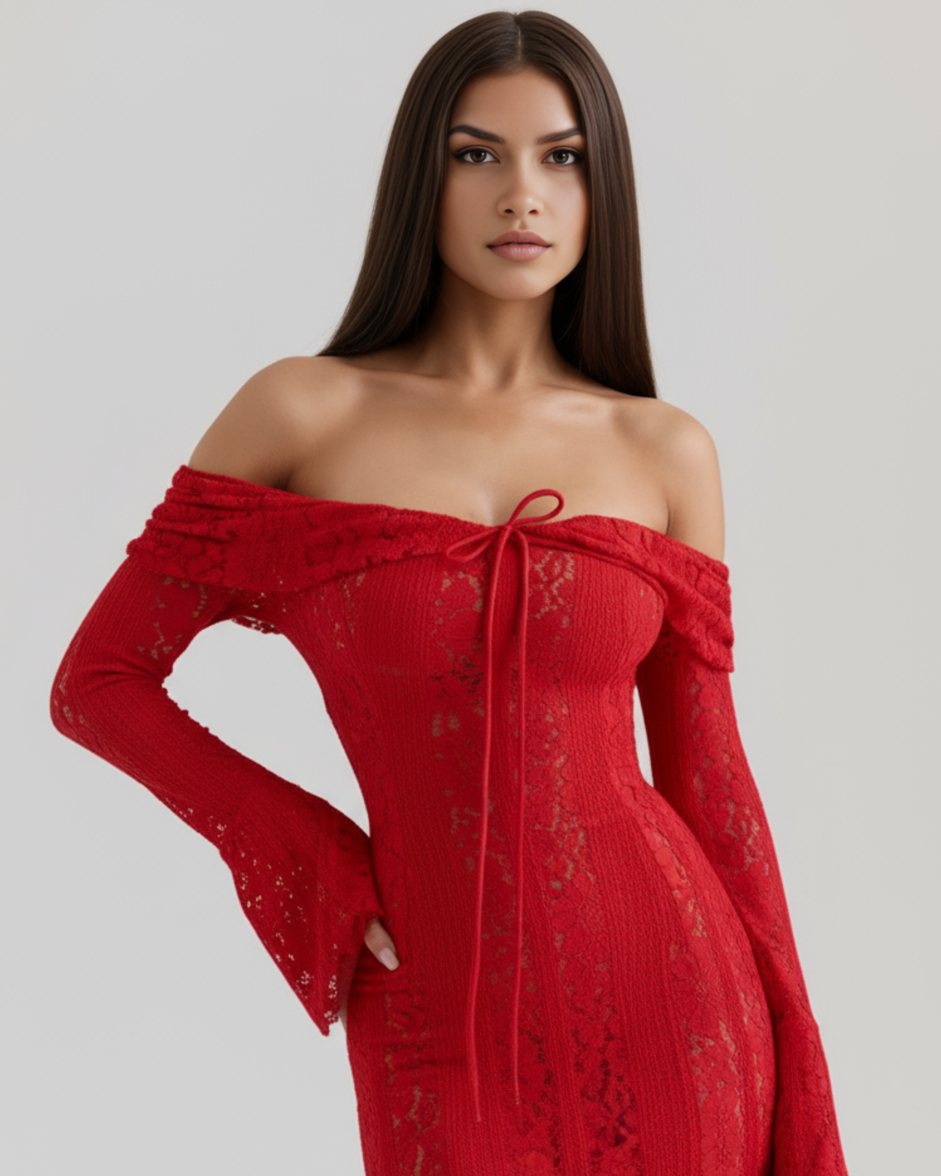 Alessandra Lace Off-Shoulder Maxi Evening Dress - Red
