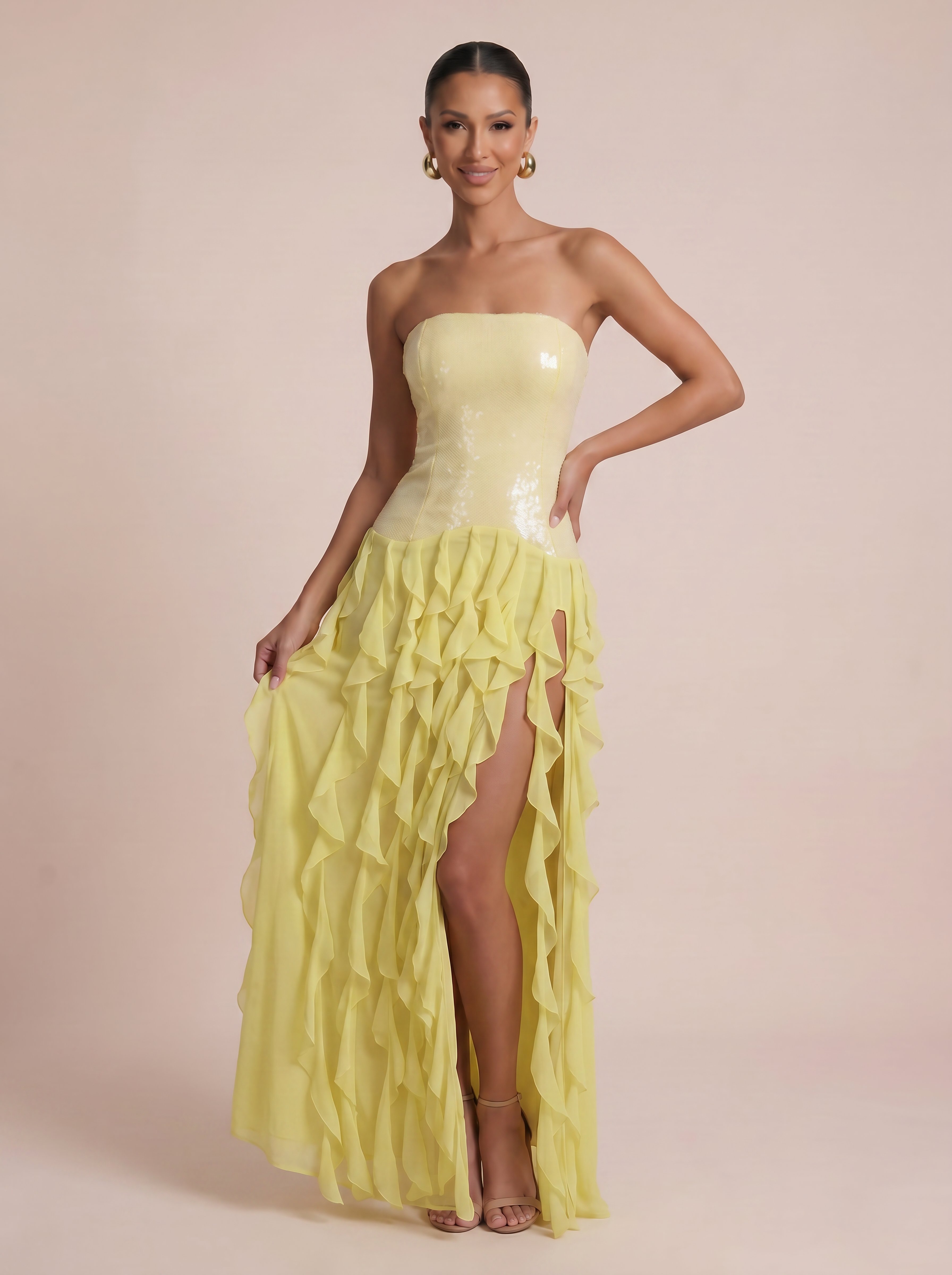 Saffrona Yellow Strapless Sequin Ruffle Maxi Dress