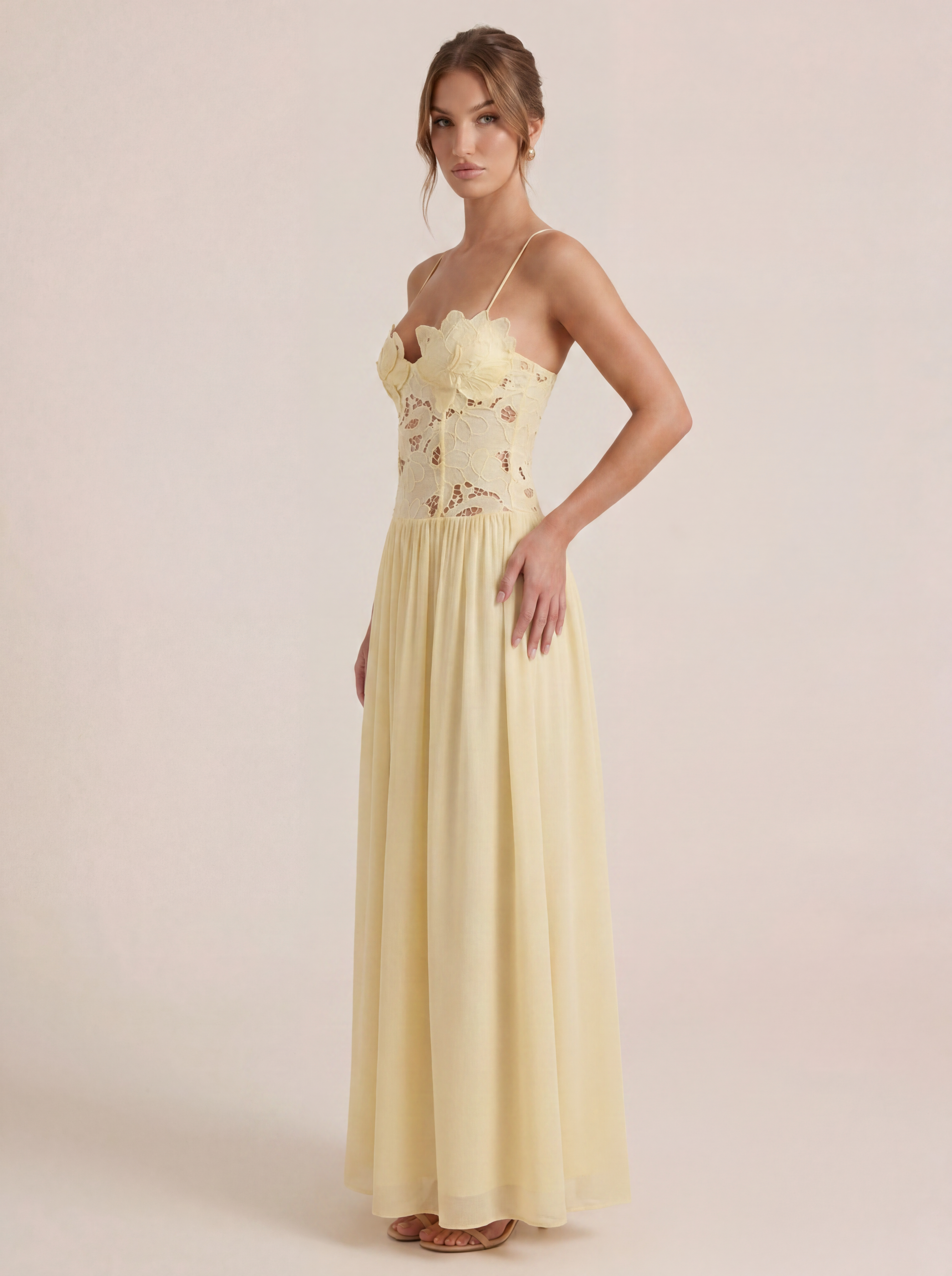 Alexandra Yellow A-line Elegnat Floral Maxi Dress