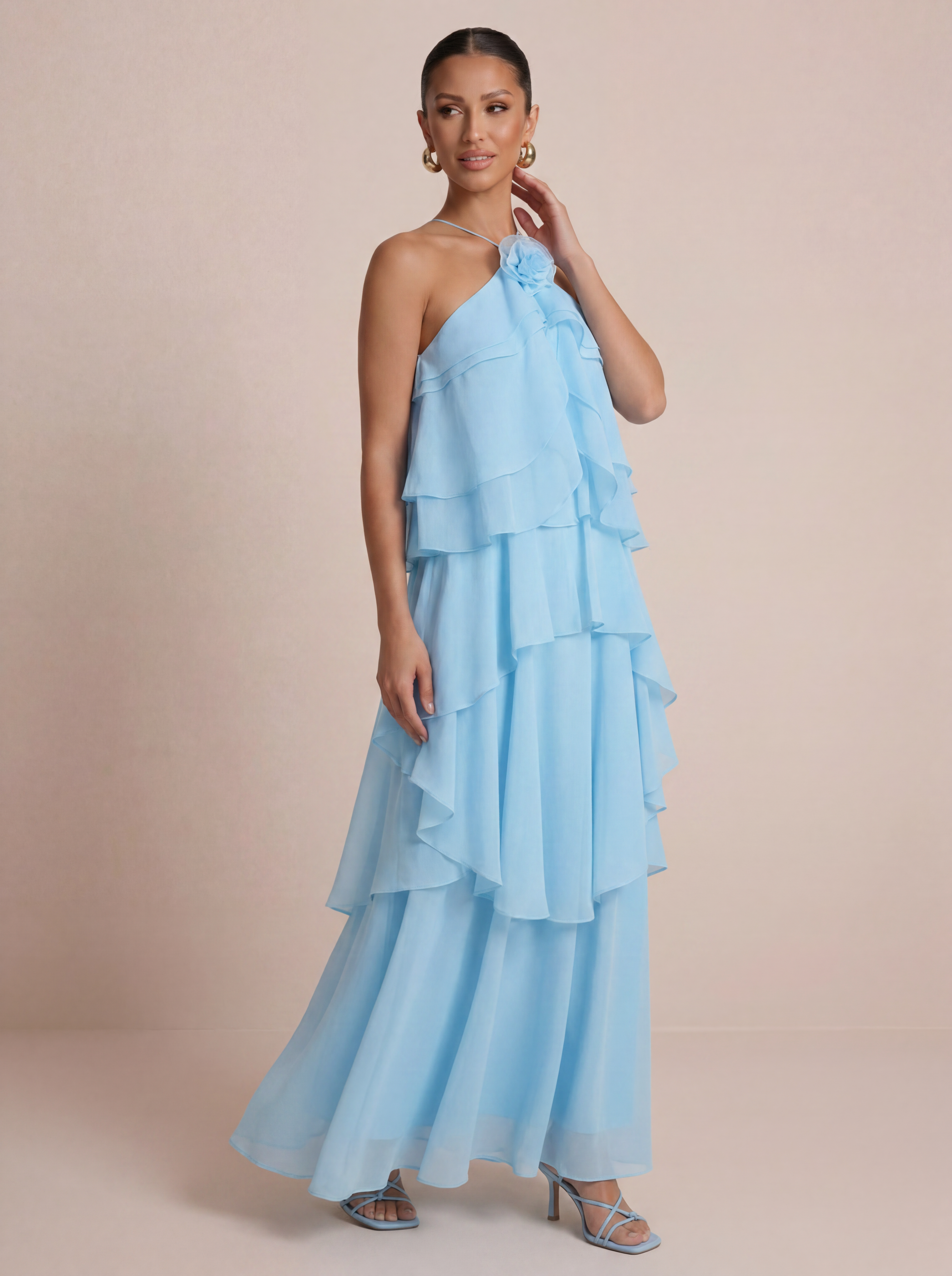 Cindy Flower Halter Ruffle Summer Maxi Dress