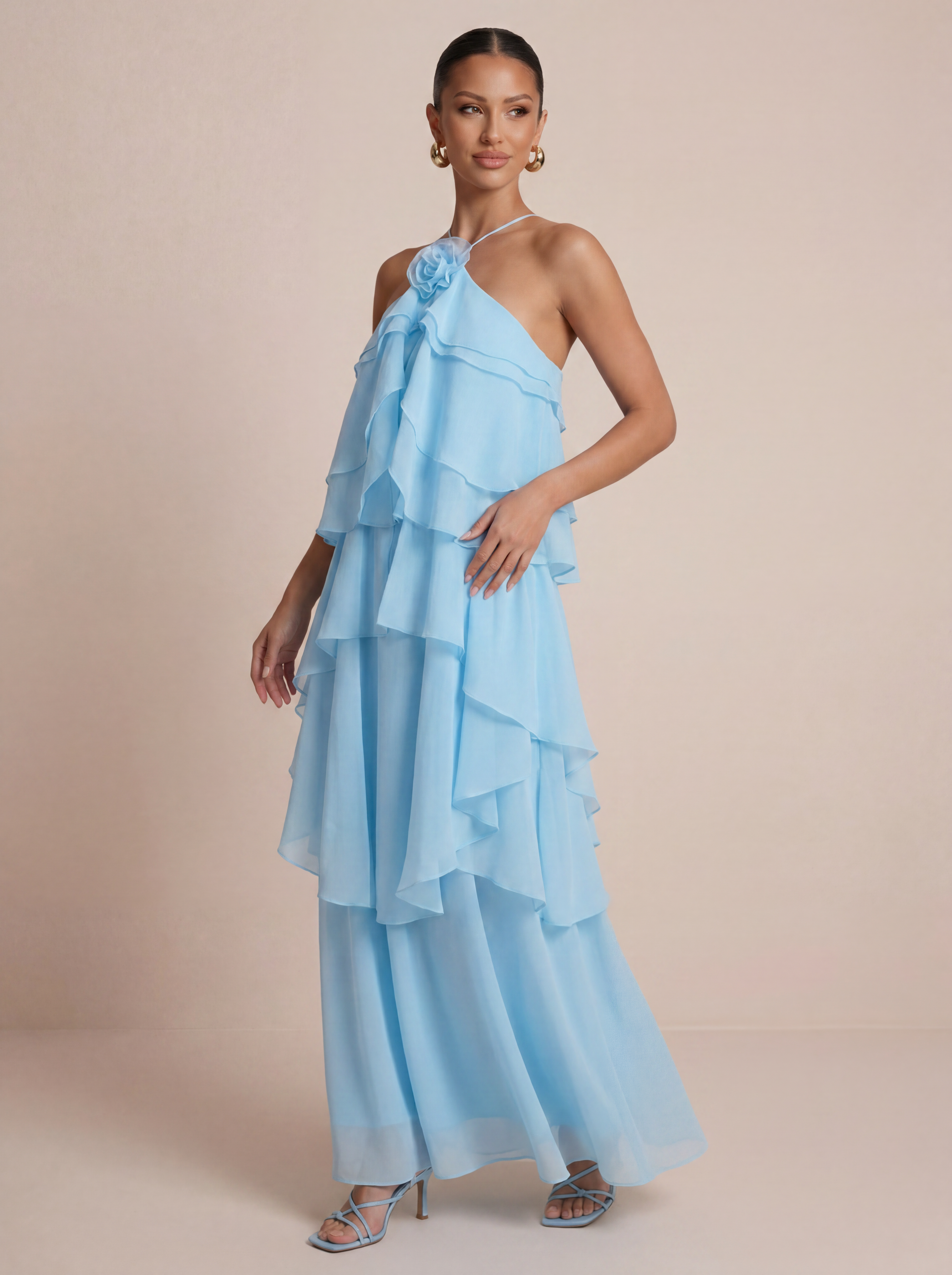 Cindy Flower Halter Ruffle Summer Maxi Dress