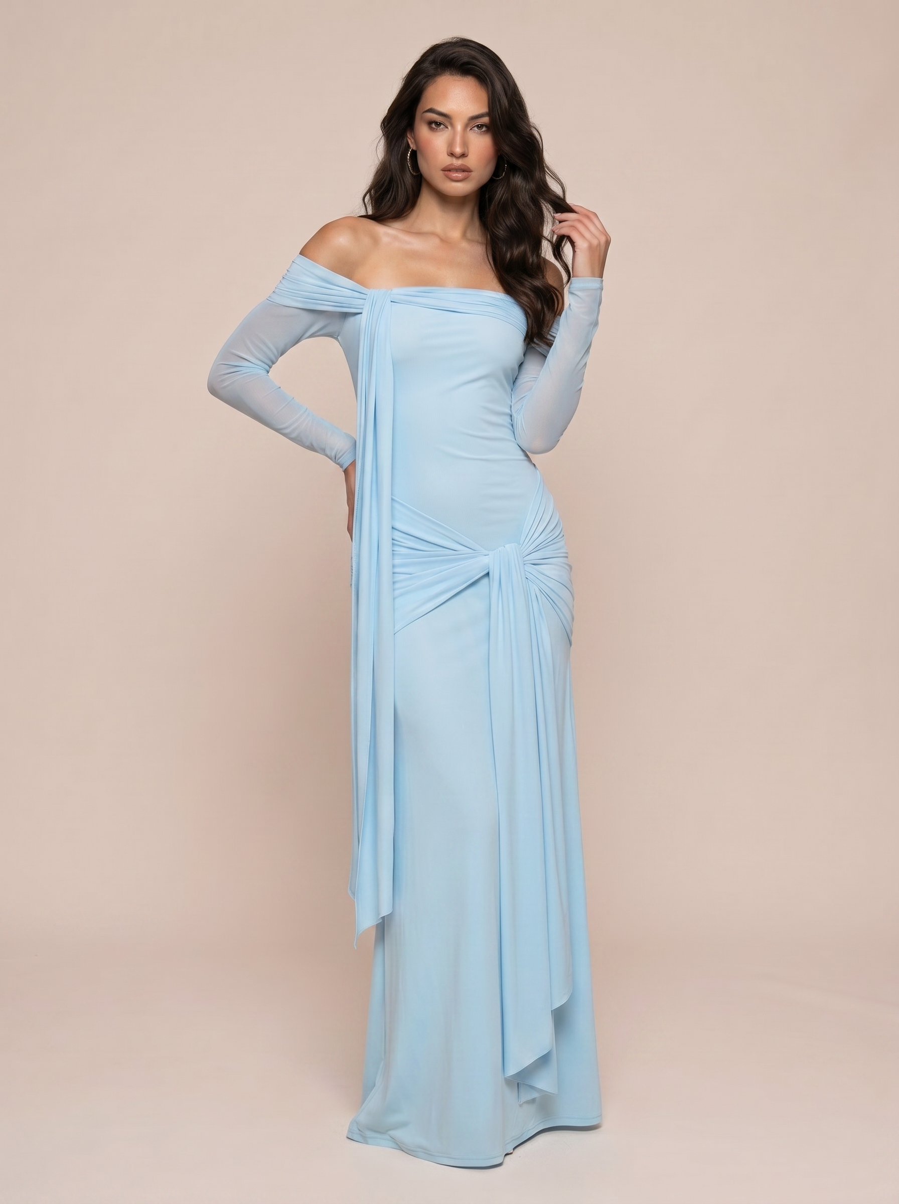 Aya Blue Off Shoulder Ruched Long Sleeve Maxi Dress