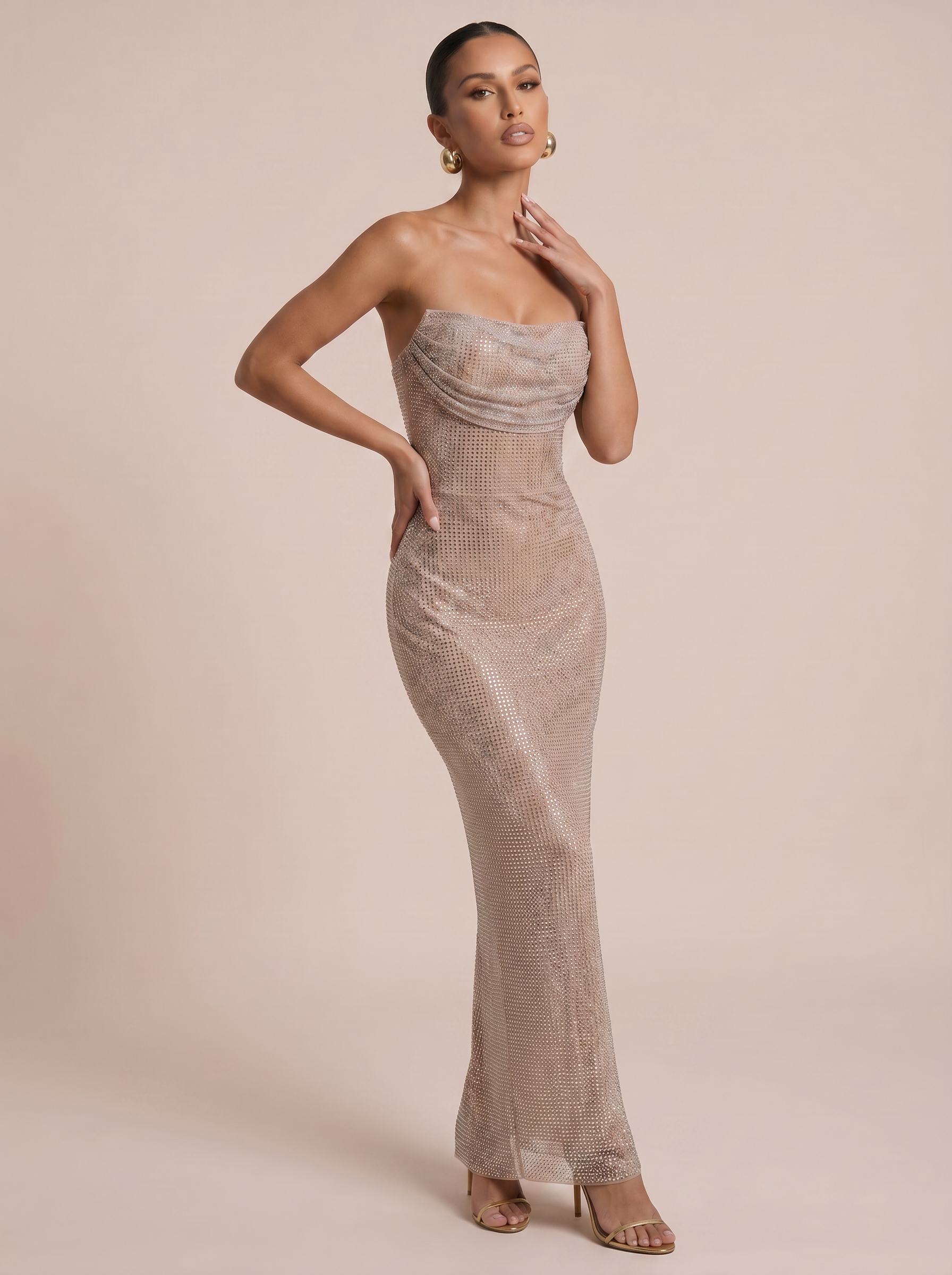 Esme Gold Strapless Rhinestone Sequin Maxi Dress