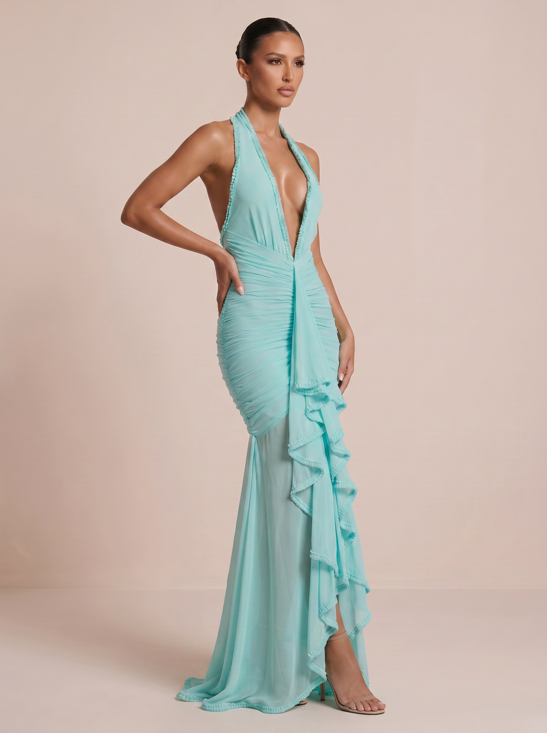 Lily Elegant Halter Deep V Neck Ruffle Maxi Dress