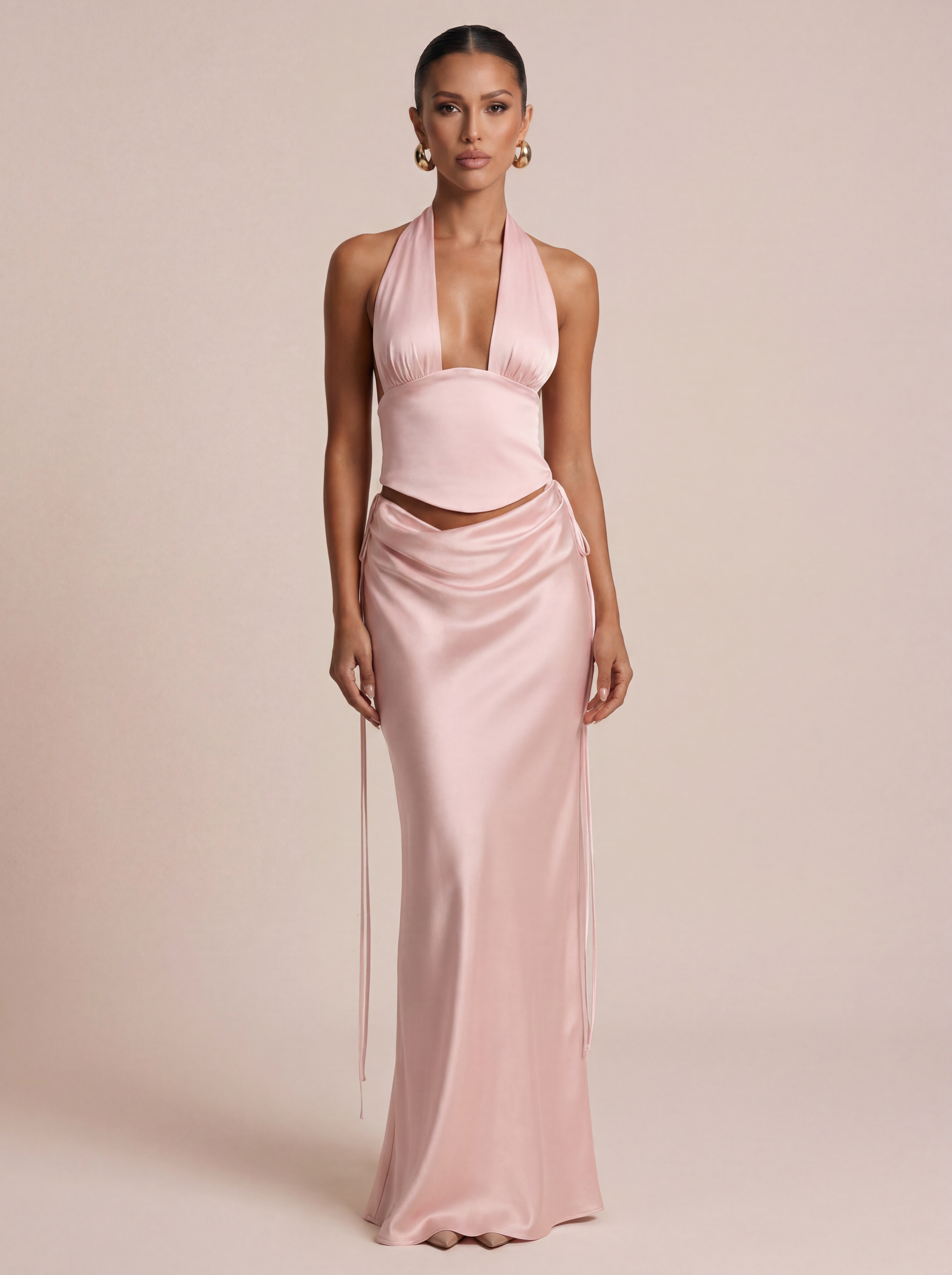 Kendall Halter Crop Top & Satin Maxi Skirt Two Piece Set