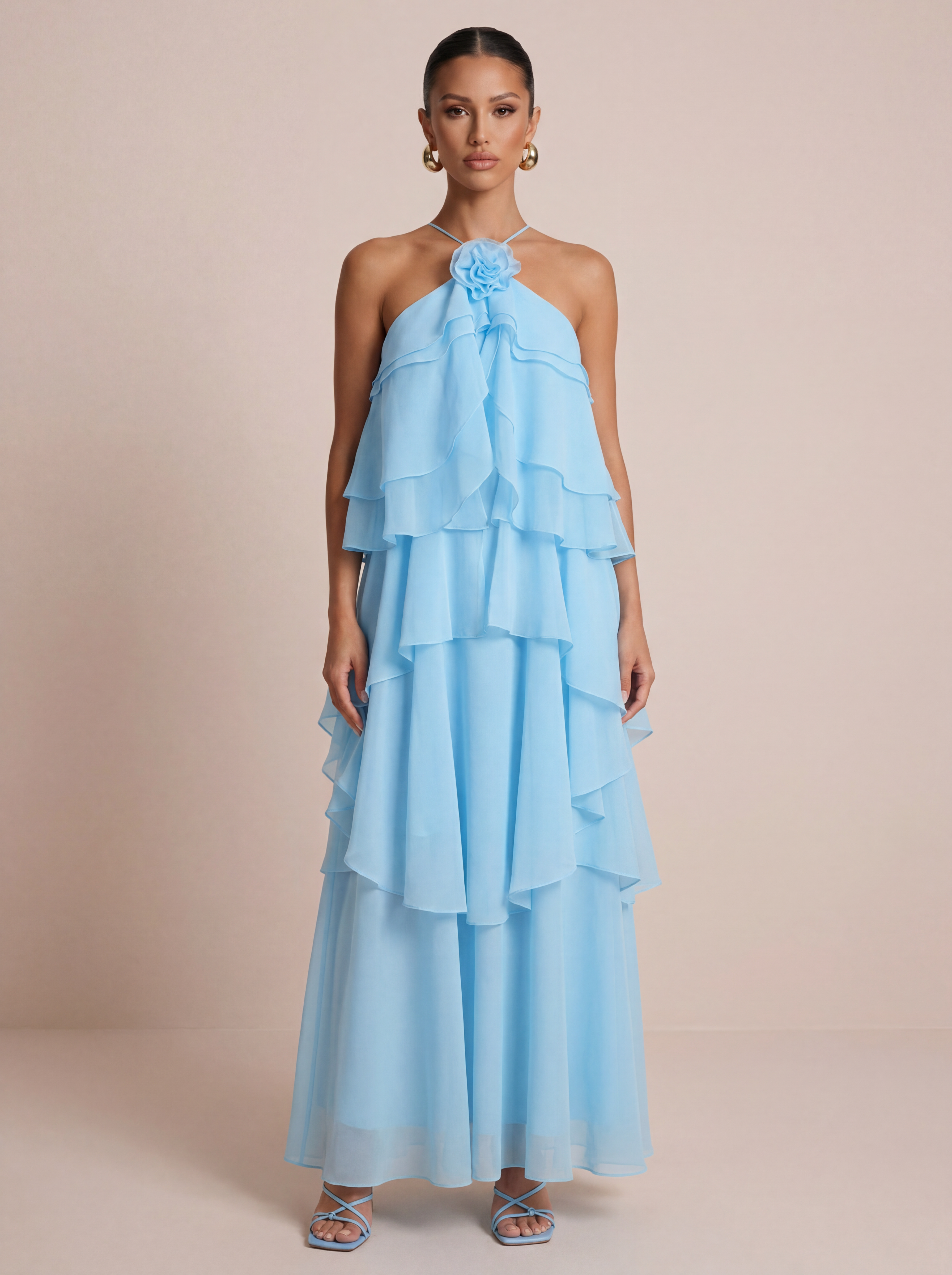 Cindy Flower Halter Ruffle Summer Maxi Dress