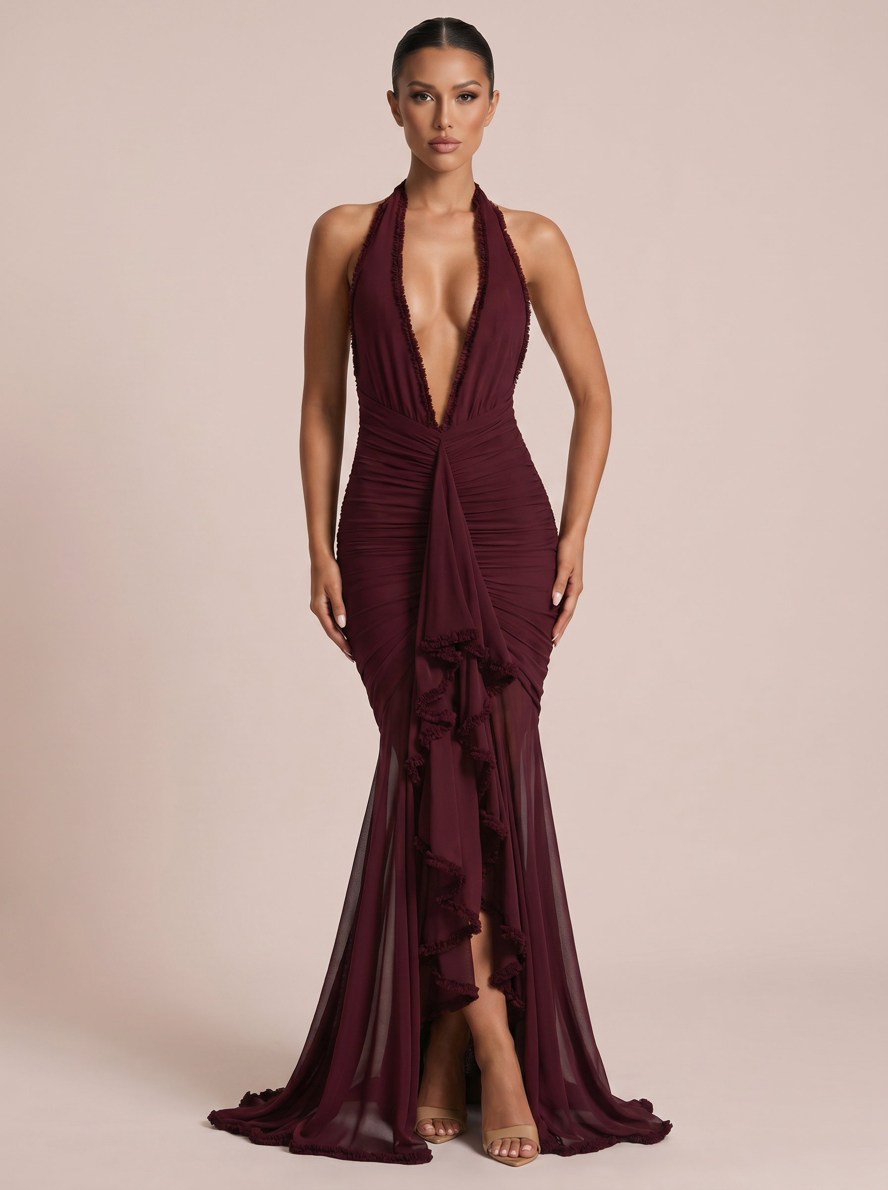 Lily Elegant Halter Deep V Neck Ruffle Maxi Dress