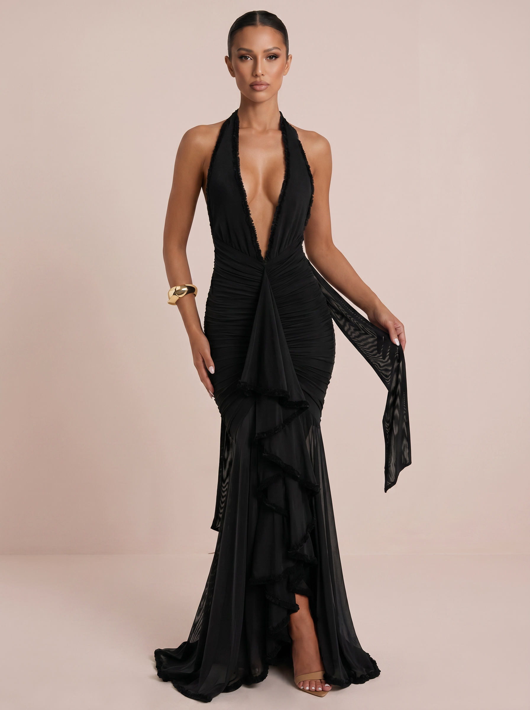 Lily Elegant Halter Deep V Neck Ruffle Maxi Dress