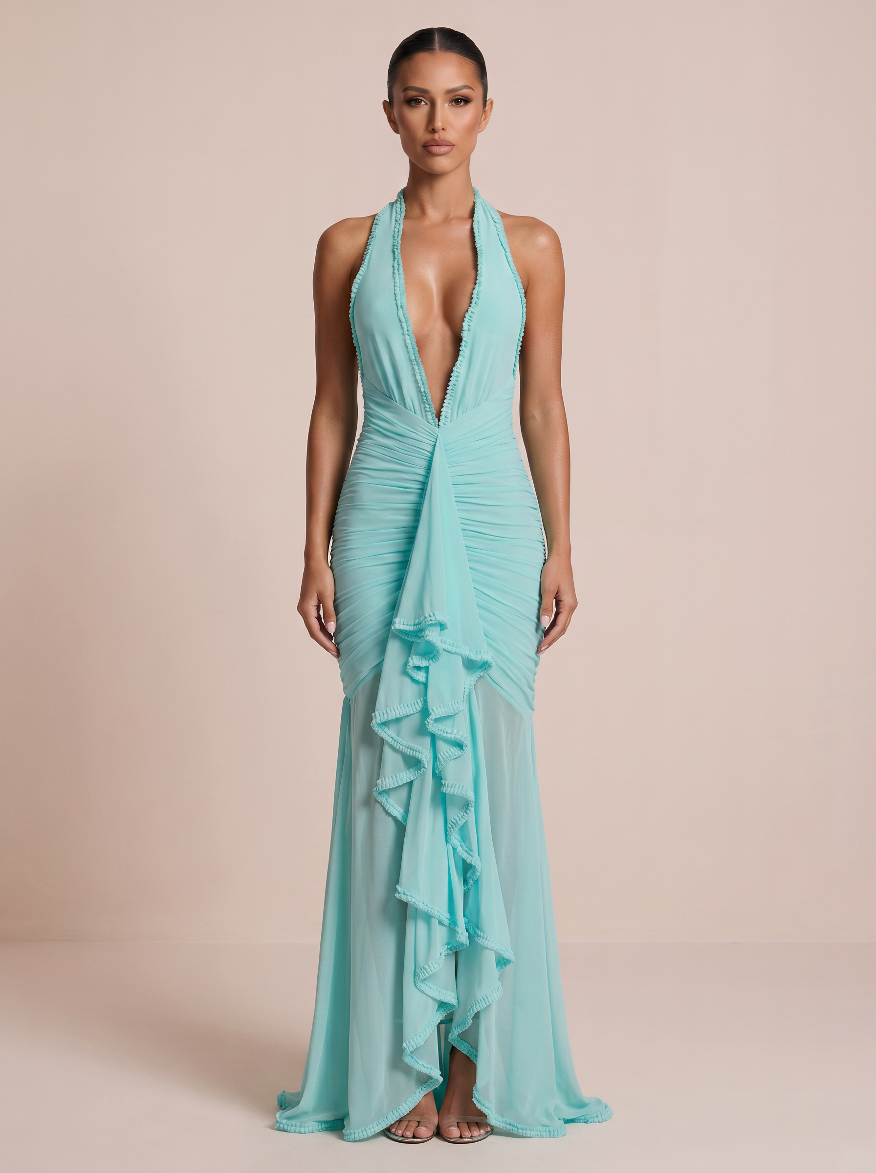 Lily Elegant Halter Deep V Neck Ruffle Maxi Dress