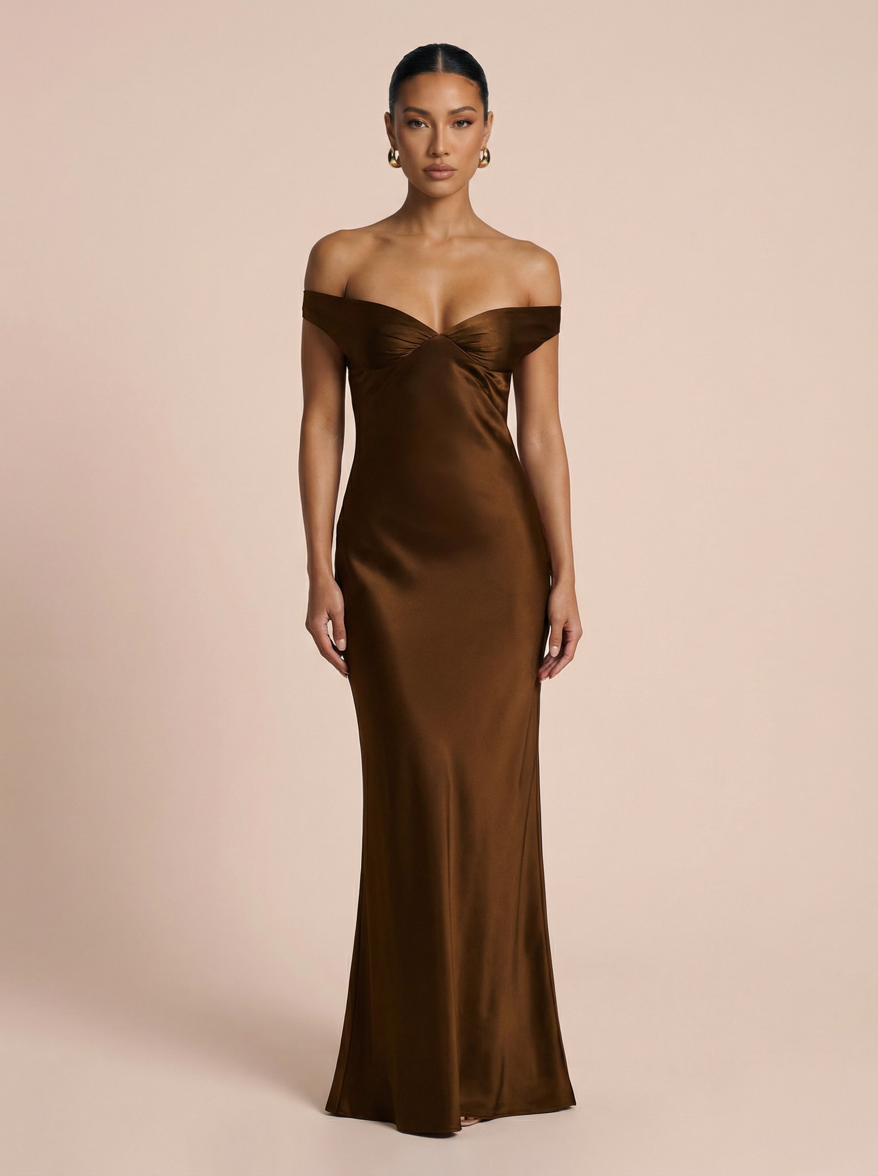 Caicos Satin Off-shoulder Backless Maxi Dress
