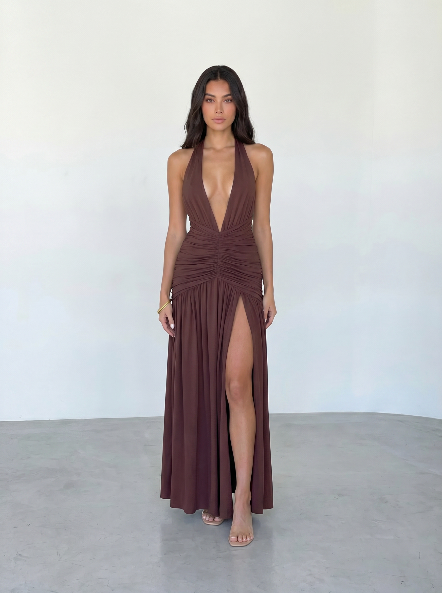 Ivoyra Halter Deep V Neck Backless Maxi Dress