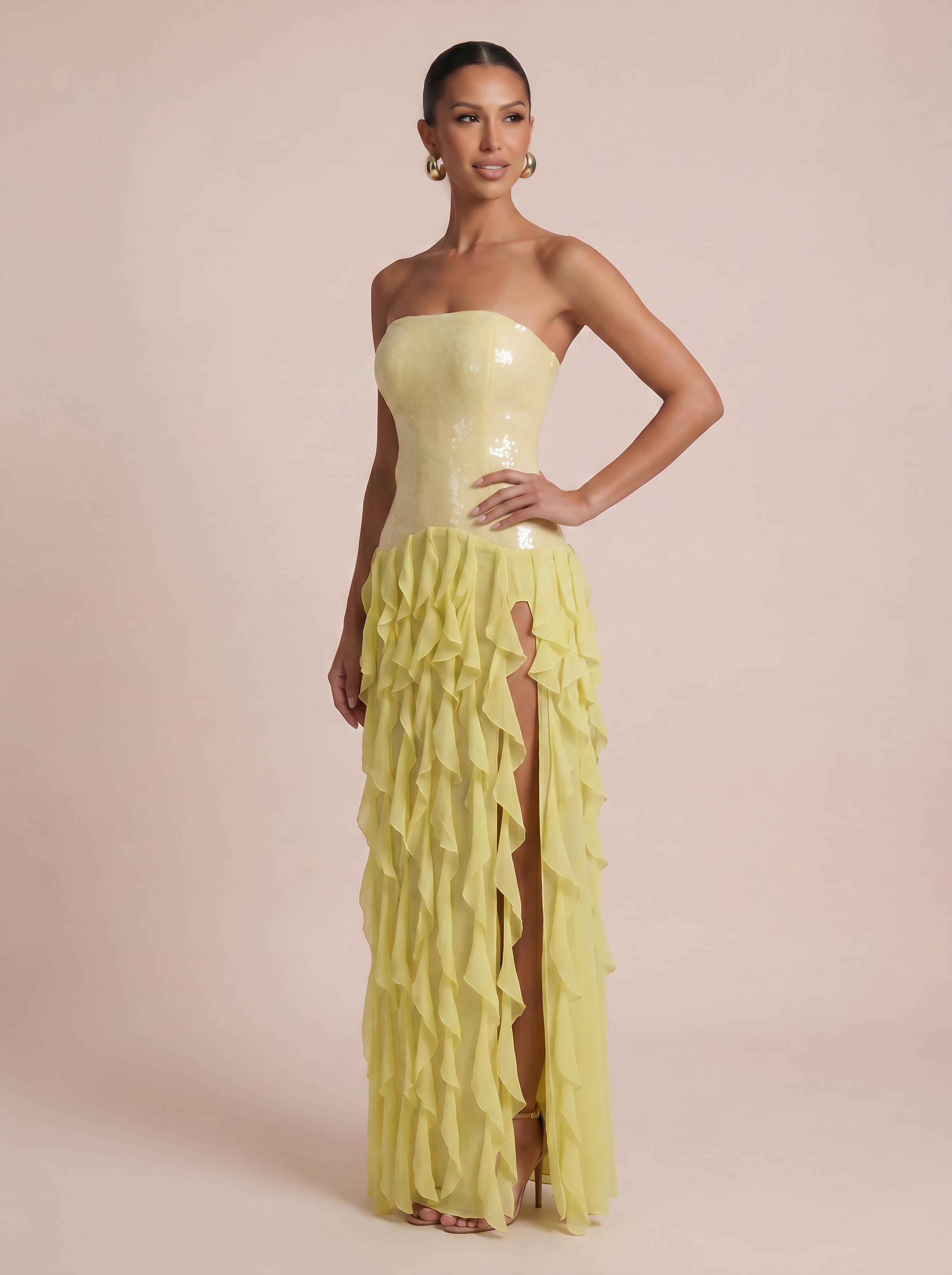 Saffrona Yellow Strapless Sequin Ruffle Maxi Dress