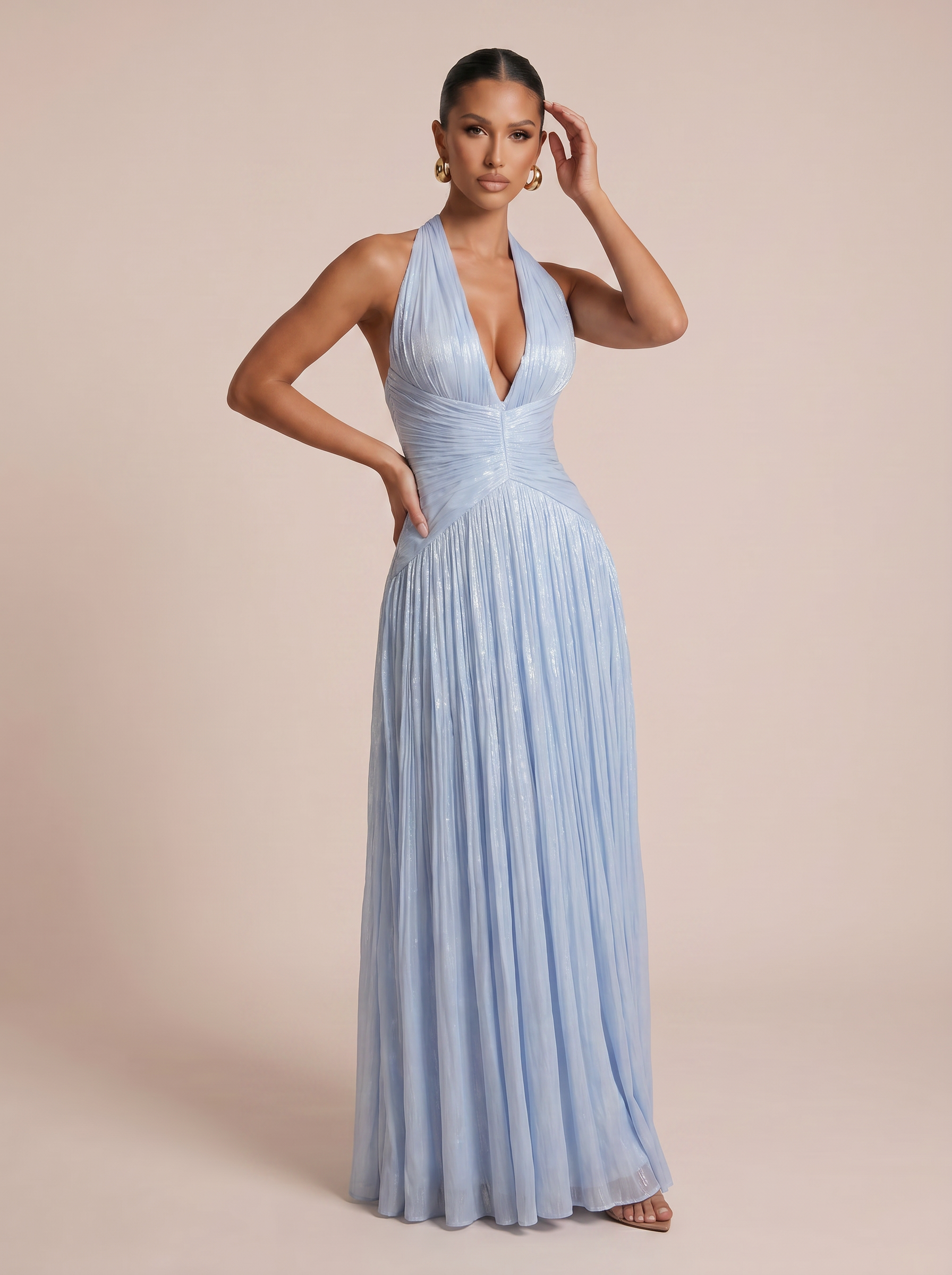 Simia Blue Elegant V Neck Sleeveless Maxi Dress