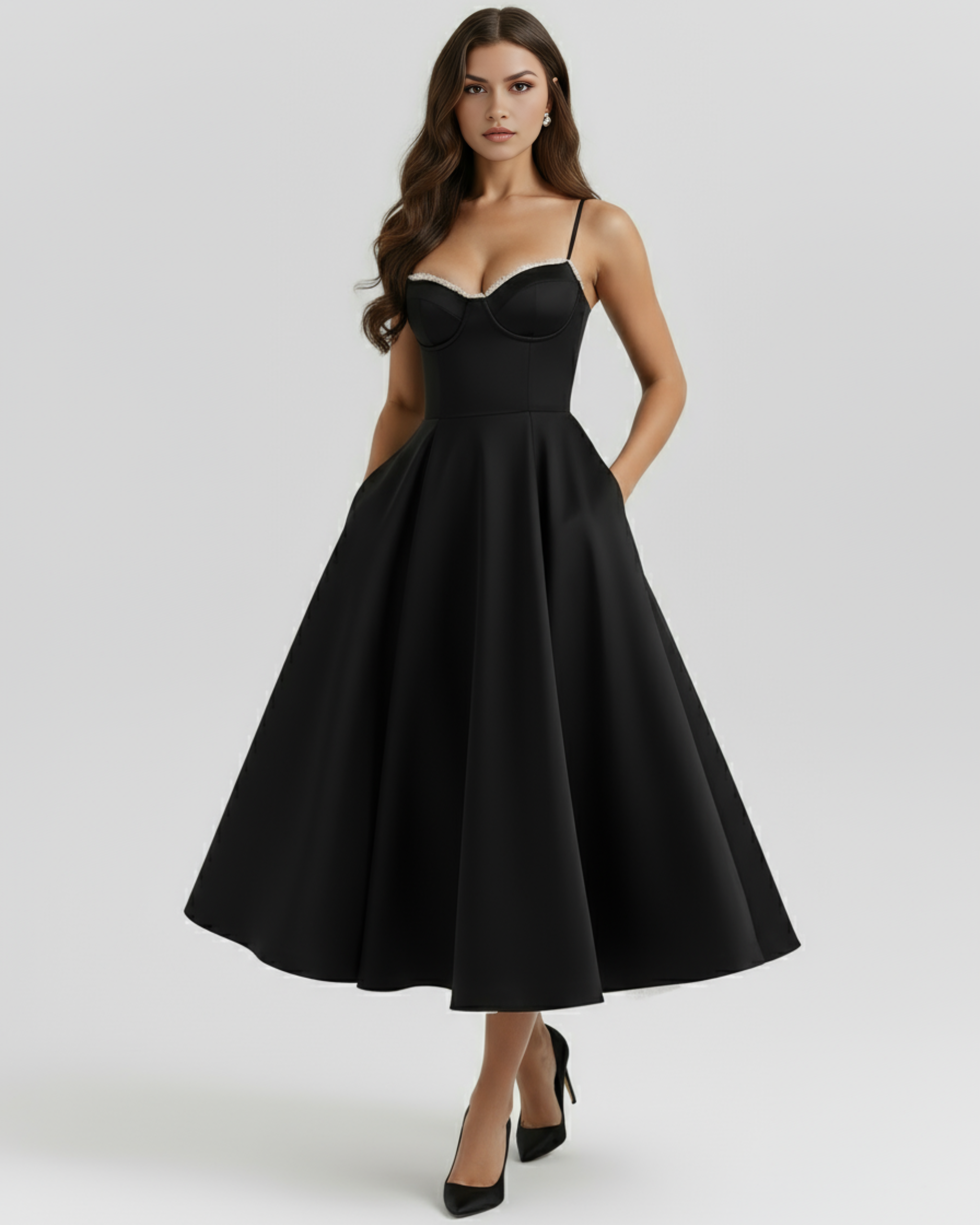 Selene Satin Mesh Midi Wedding Guest Dress - Ivory