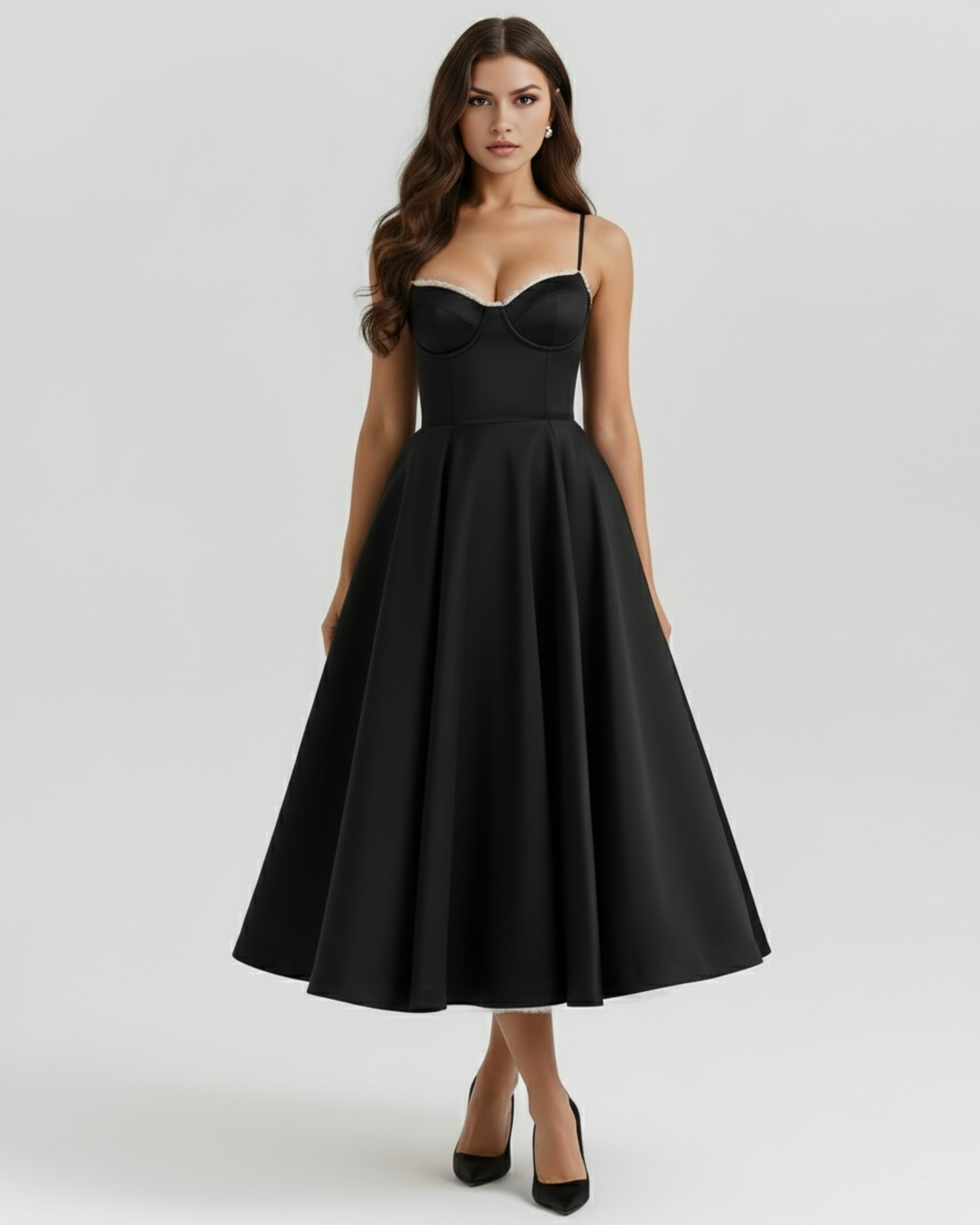 Selene Satin Mesh Midi Wedding Guest Dress - Ivory