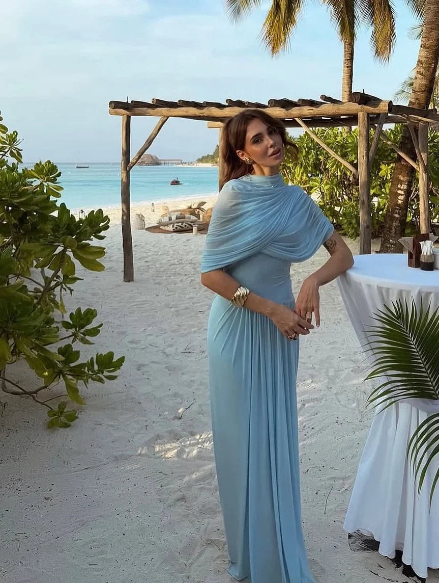 Cleodora Blue Elegant Draped Shoulder Maxi Dress